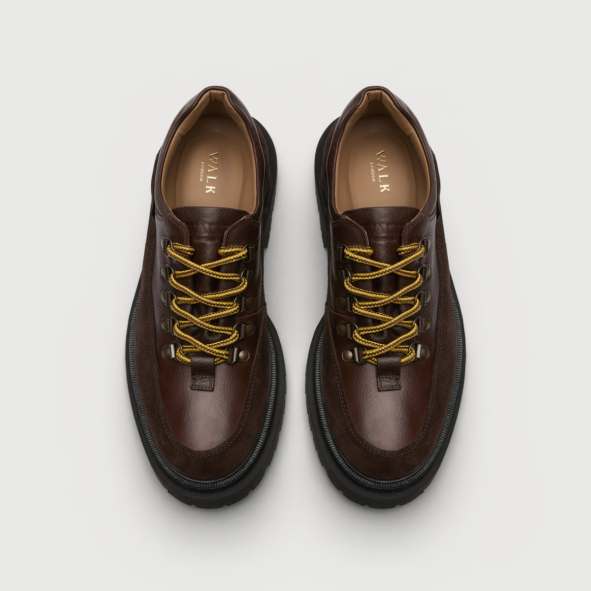 Walk London Bethnal Hiking Shoes in brown leather and suede top view showing tan insole with gold branding