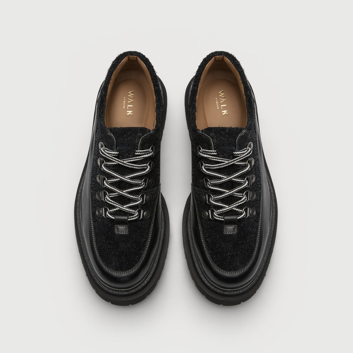 Walk London Bethnal Hiking Shoes in black leather and hairy suede top view showing tan leather insole with gold branding