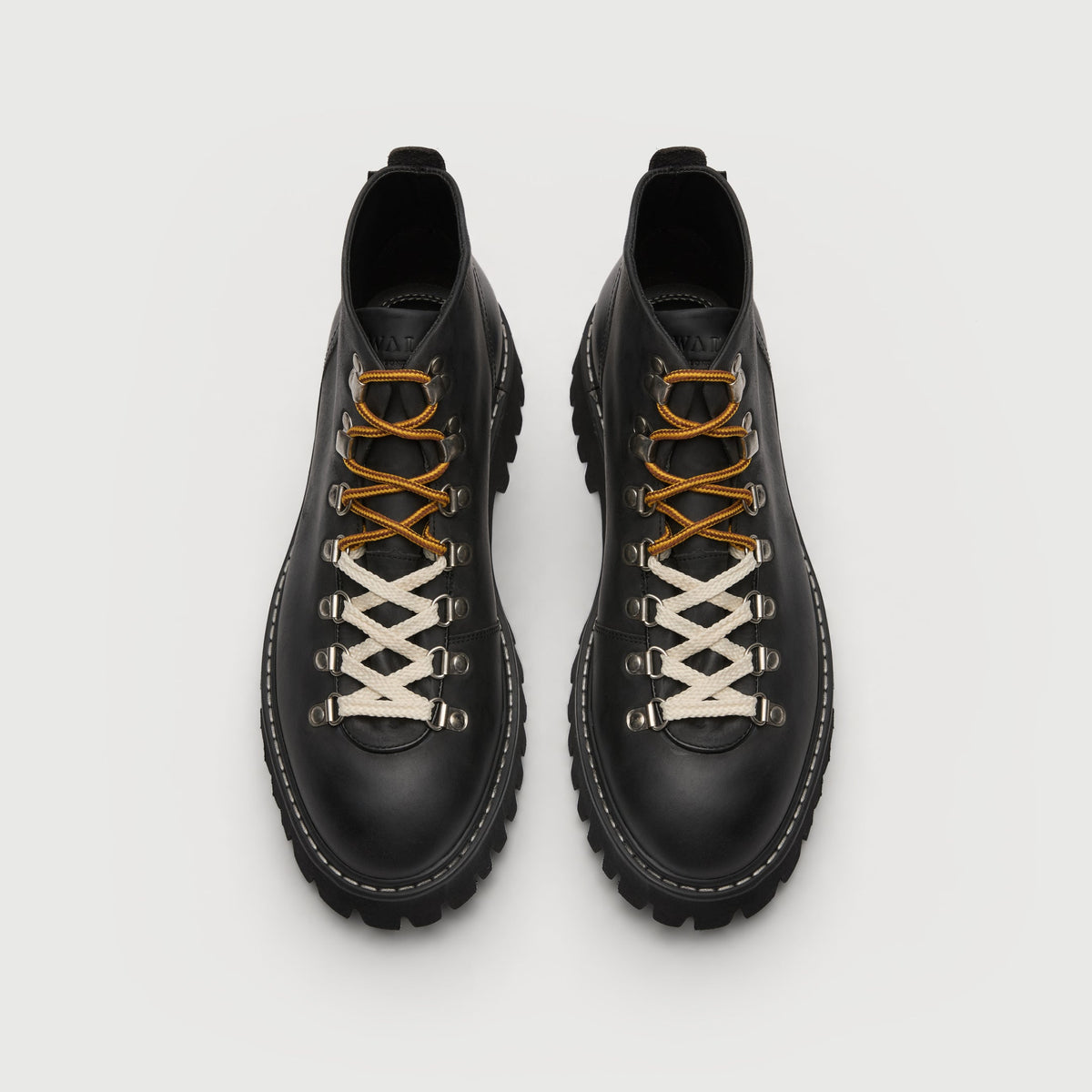 Walk London Blackheath Hiking Boots in black leather top view showing two different lace colours in yellow / brown and white