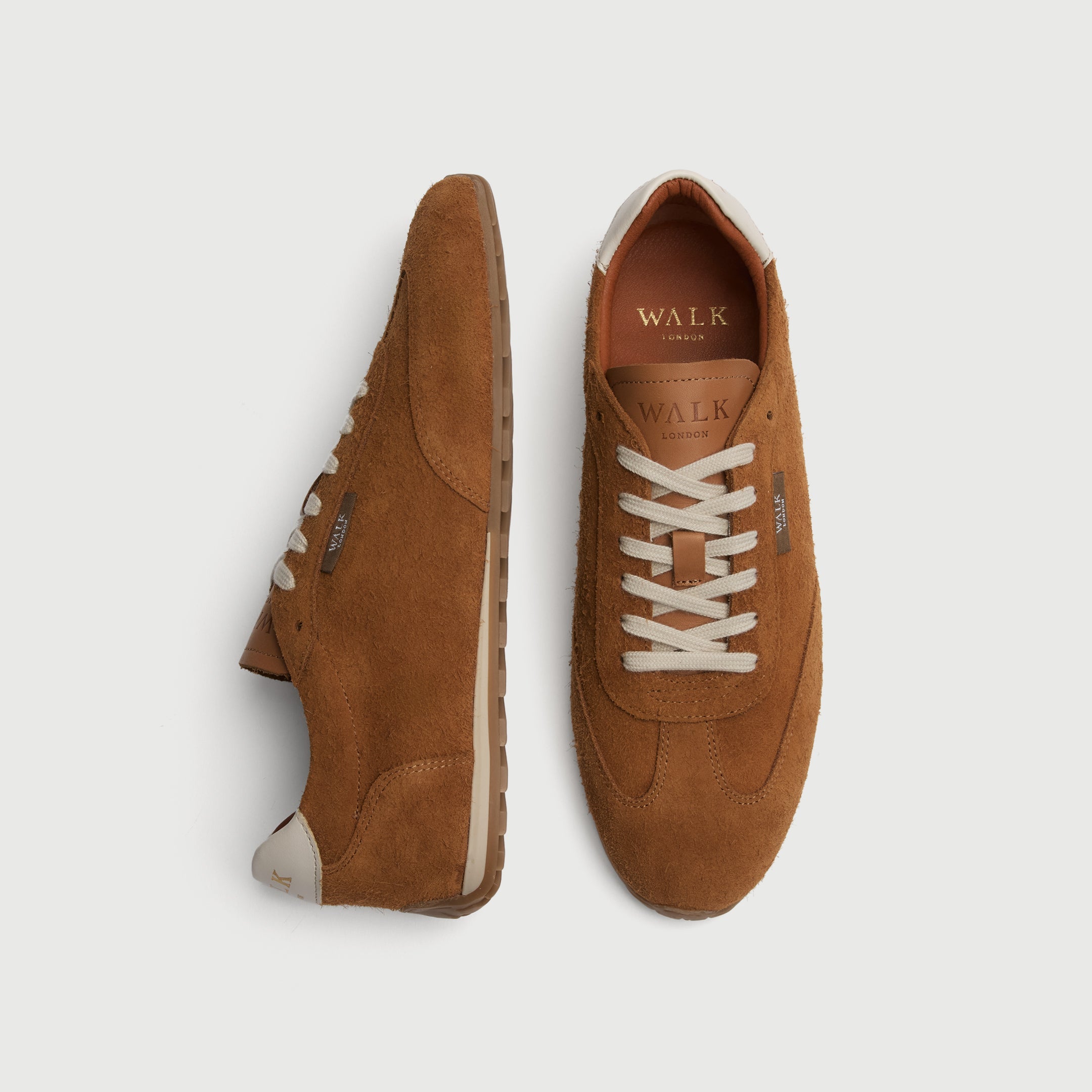 Walk London Bologna Trainer in tan hairy suede top view