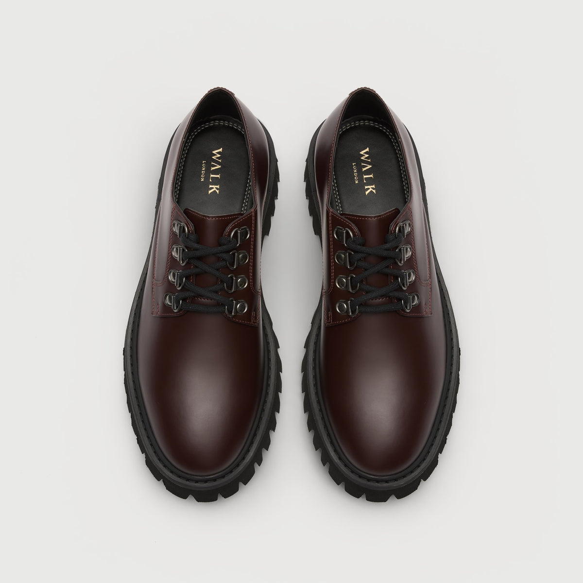 Walk London Bromley Hiking Shoe in Burgundy Leather top view showing gold branding on the insole