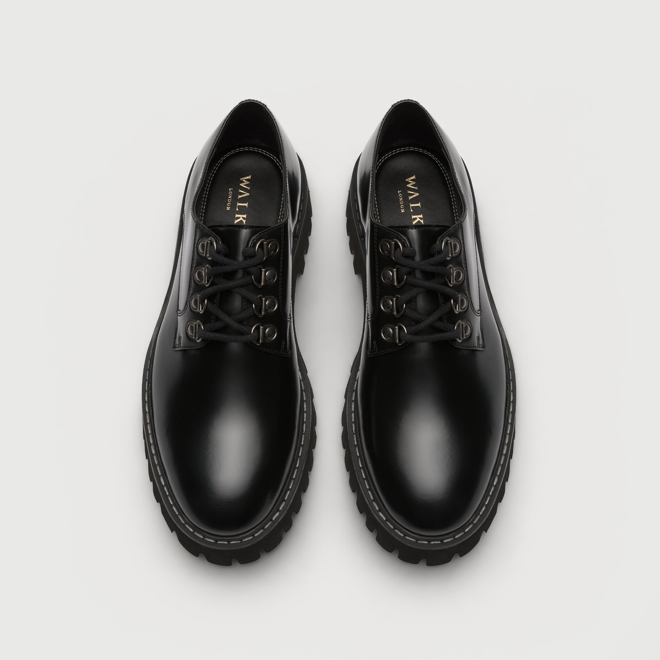 Walk London Bromley Hiking Shoes in Black Leather top view showing gold branding on the insole