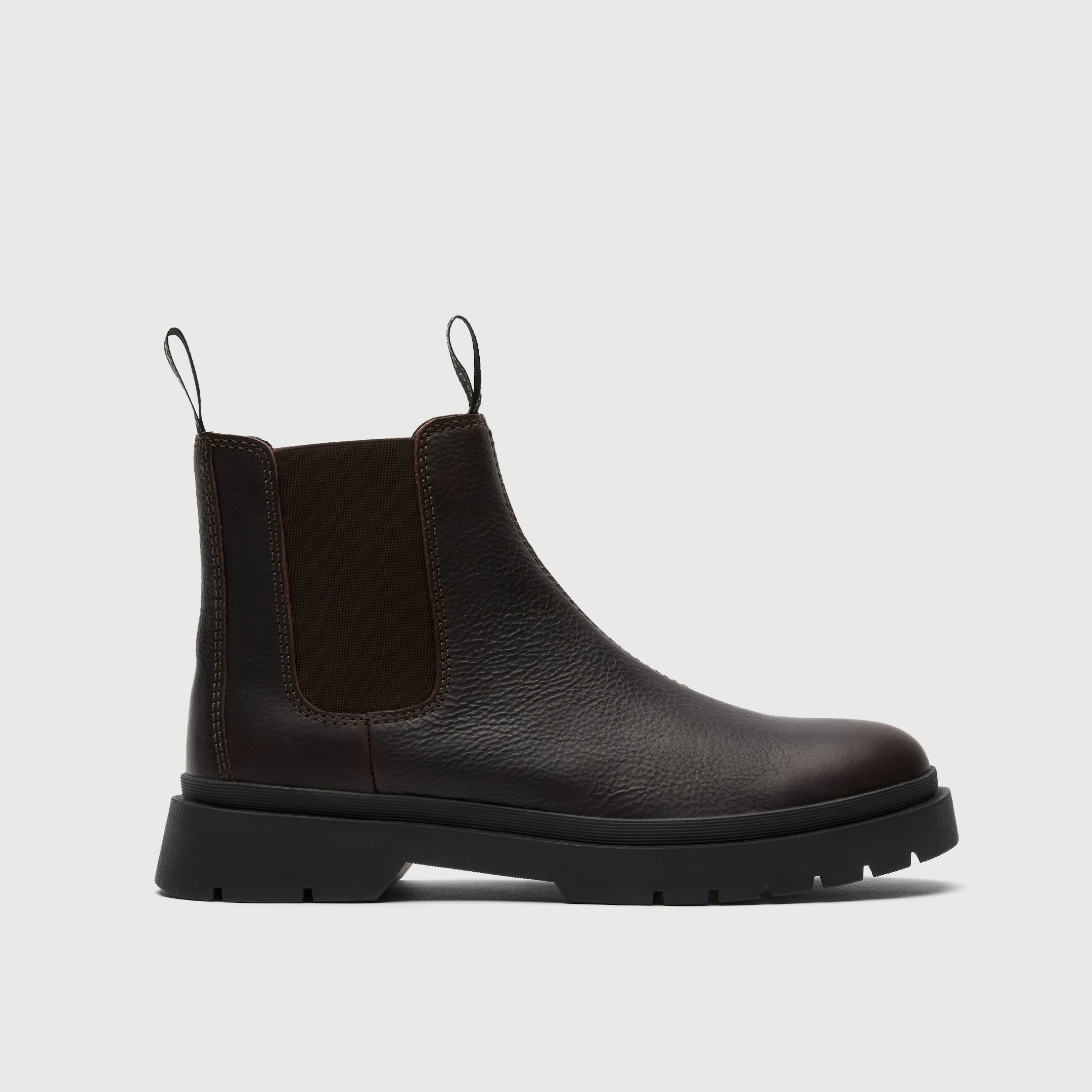 Dark brown leather Chelsea boot on a light grey background - Walk London Callum Seam Chelsea Boot