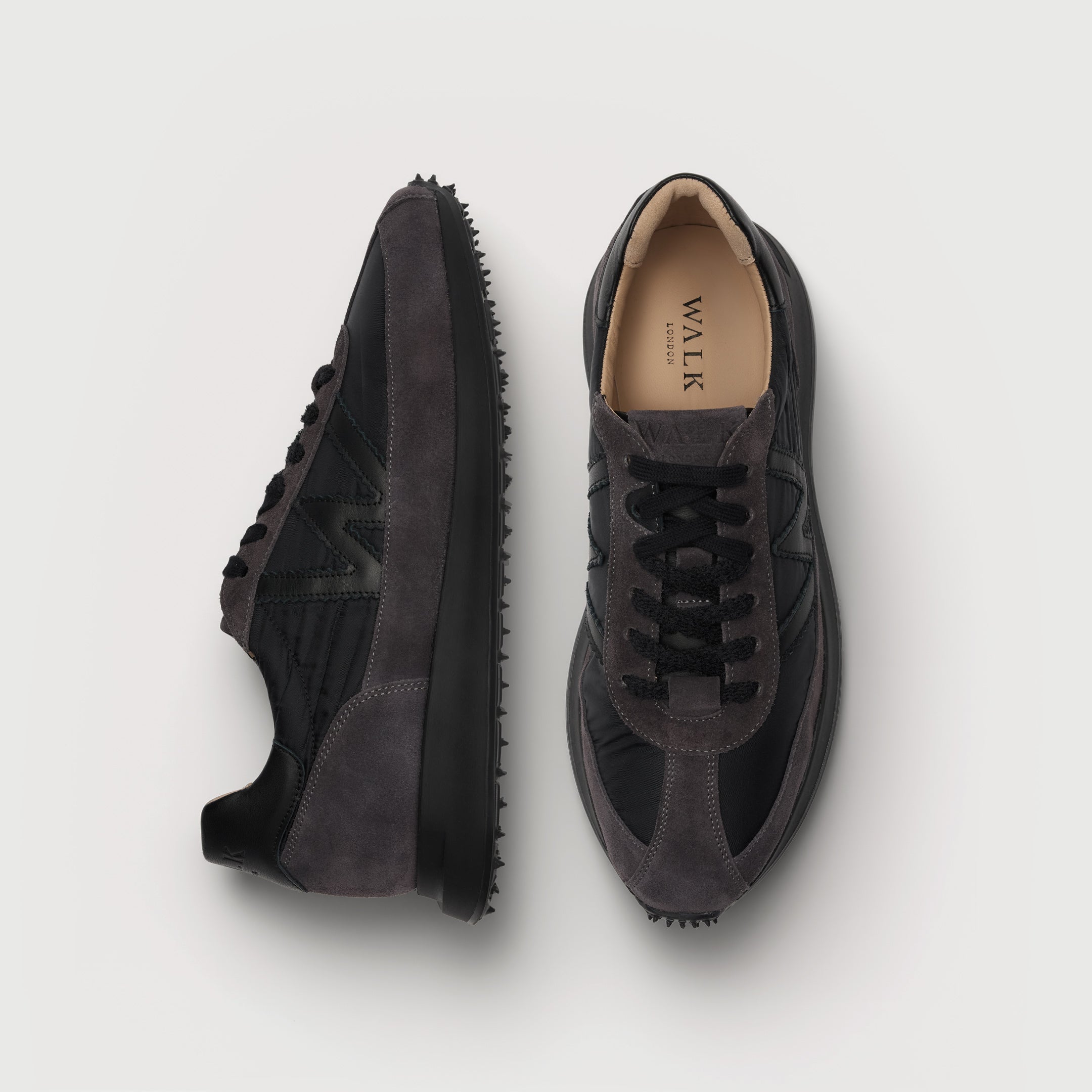 Walk London Chiswick Lace Trainer in black textile and grey suede top and side view showing tan insock with black branding