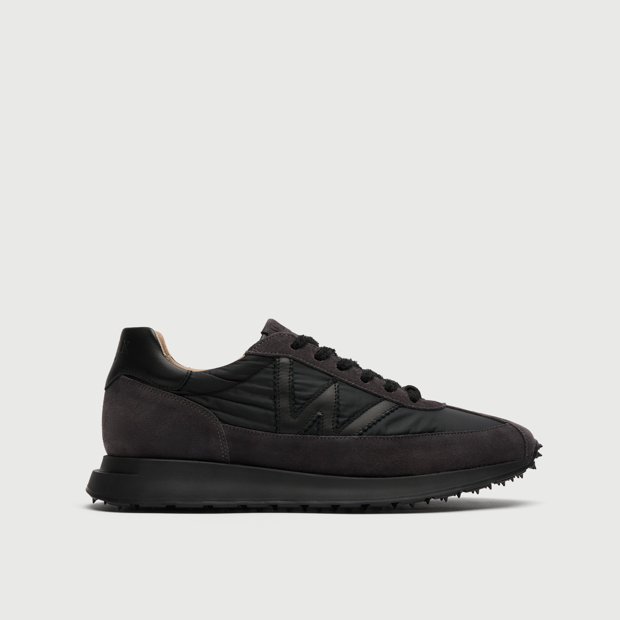 Walk London Chiswick Lace Trainer in black textile and grey suede side view
