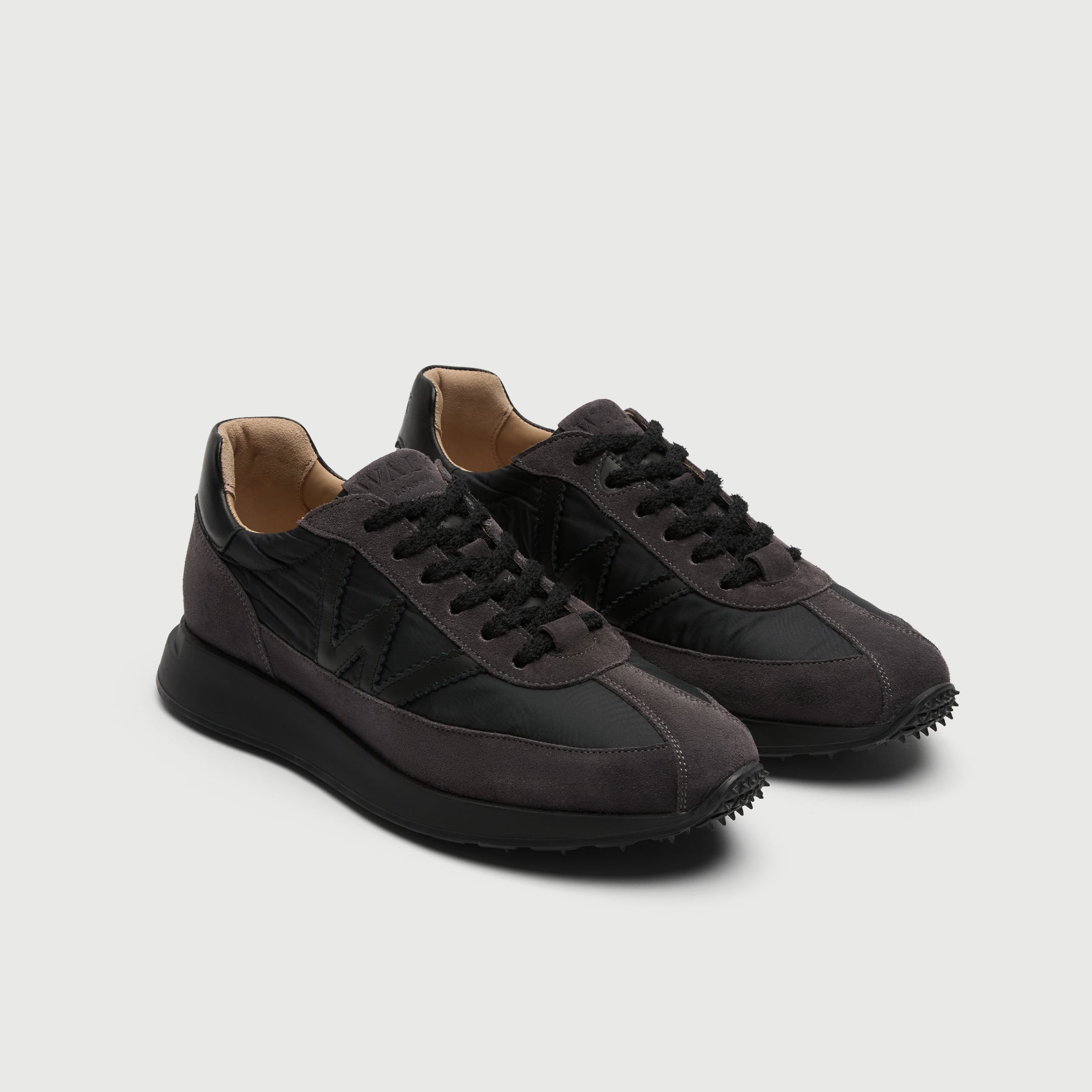 Walk London Chiswick Lace Trainer in black textile and grey suede three quarter view