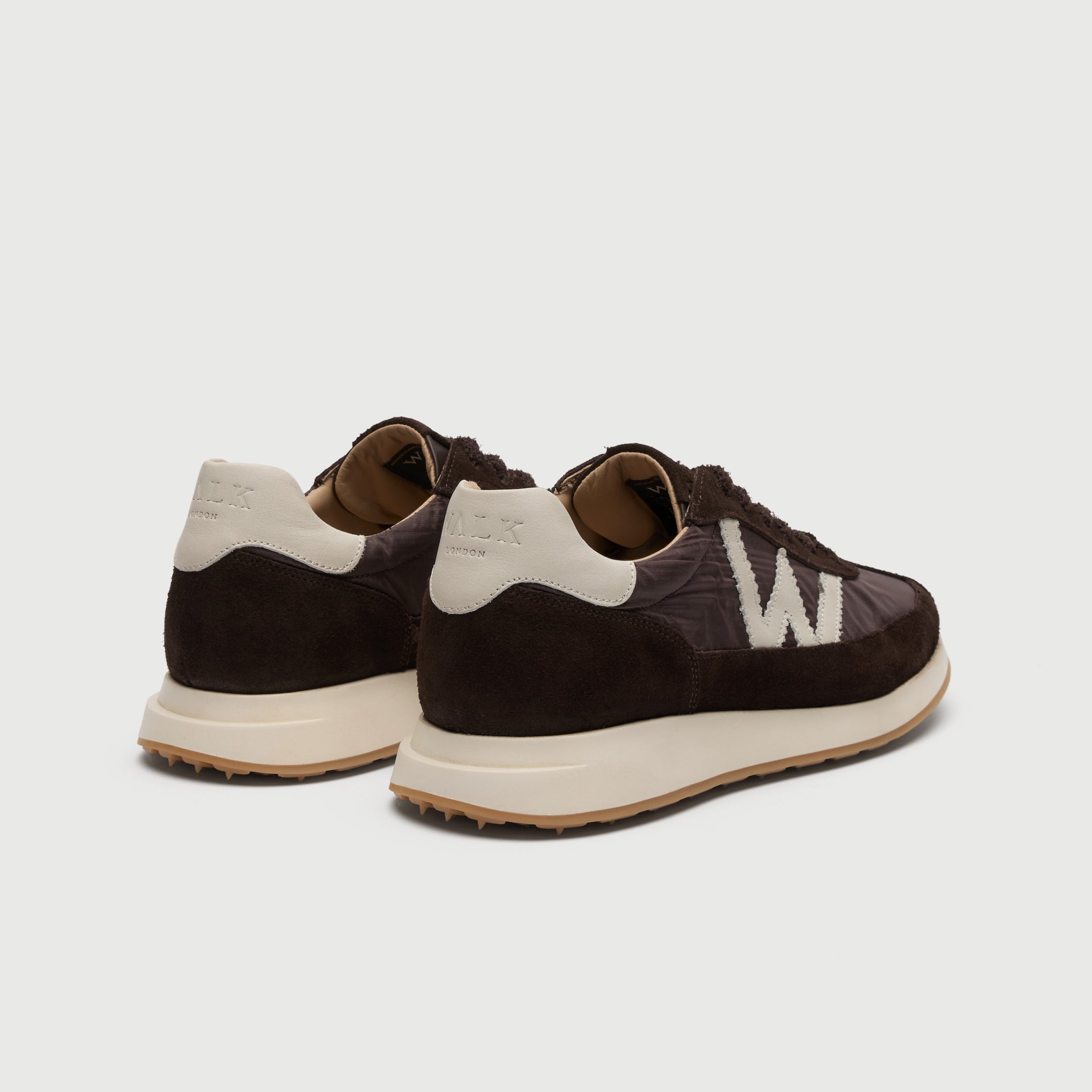 Walk London Chiswick Lace Trainer in brown textile and suede heel view with white padded collar, white and tan sole