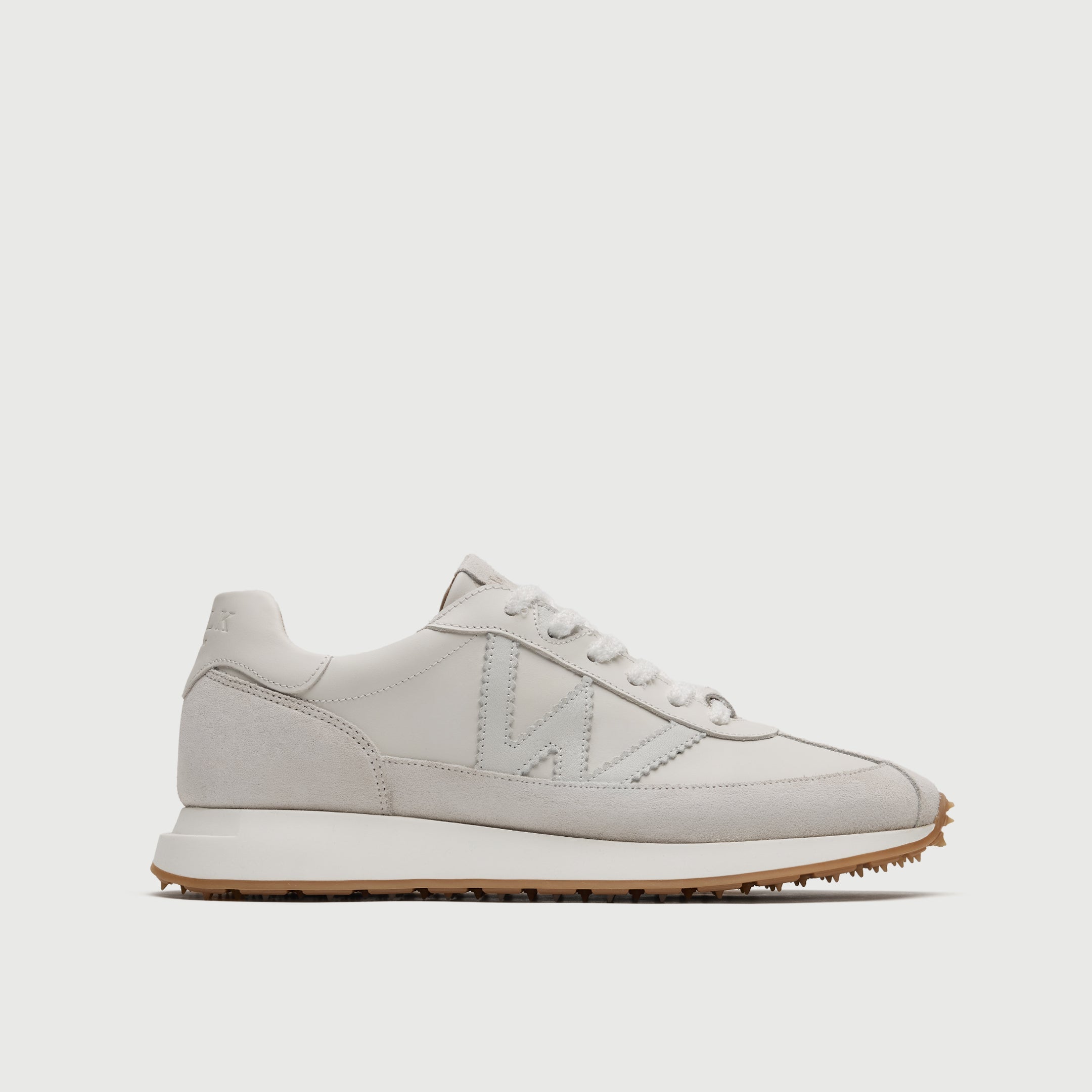 Walk London Chiswick white leather trainer side view with leather W detail