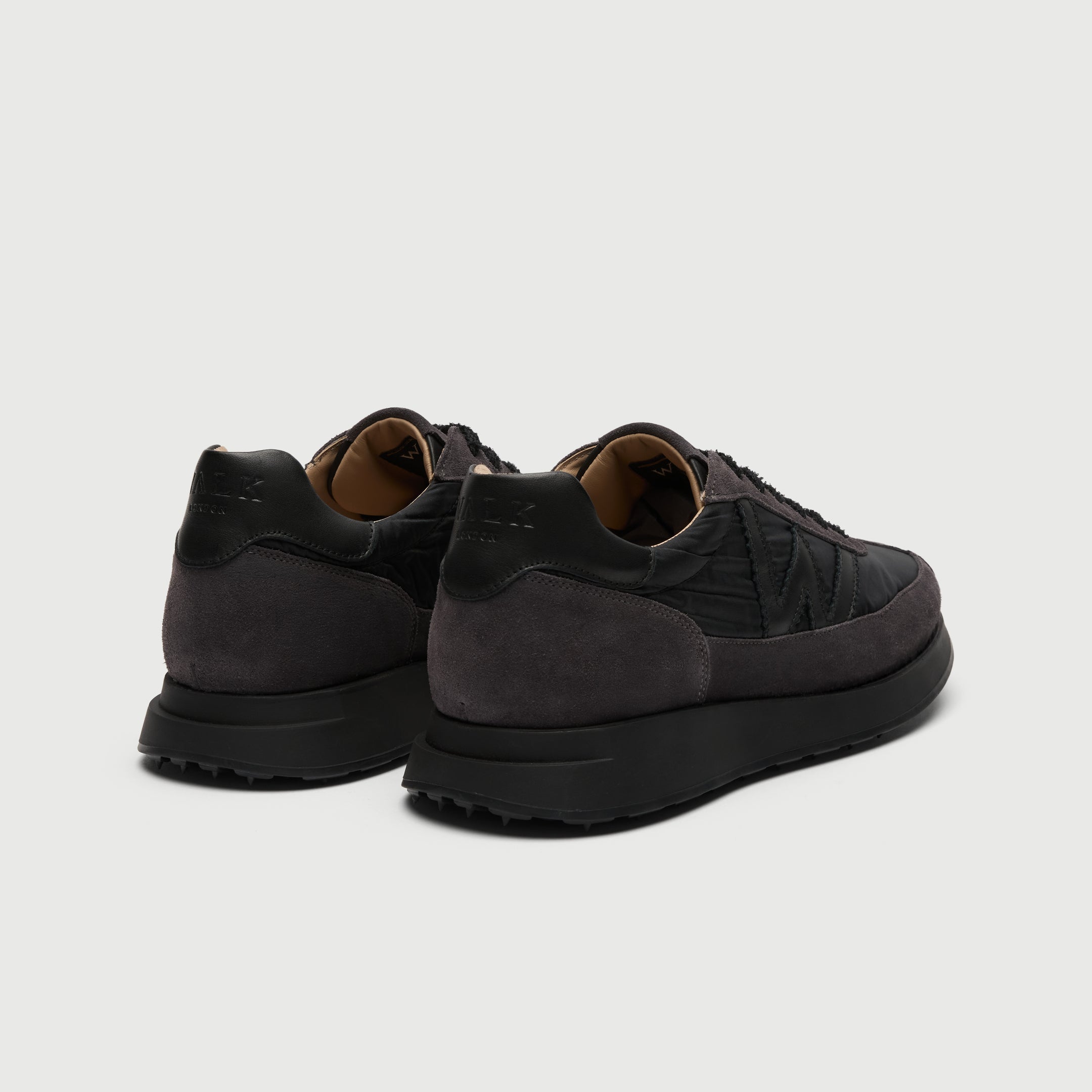 Walk London Chiswick Lace Trainer in black textile and grey suede heel view with padded collar