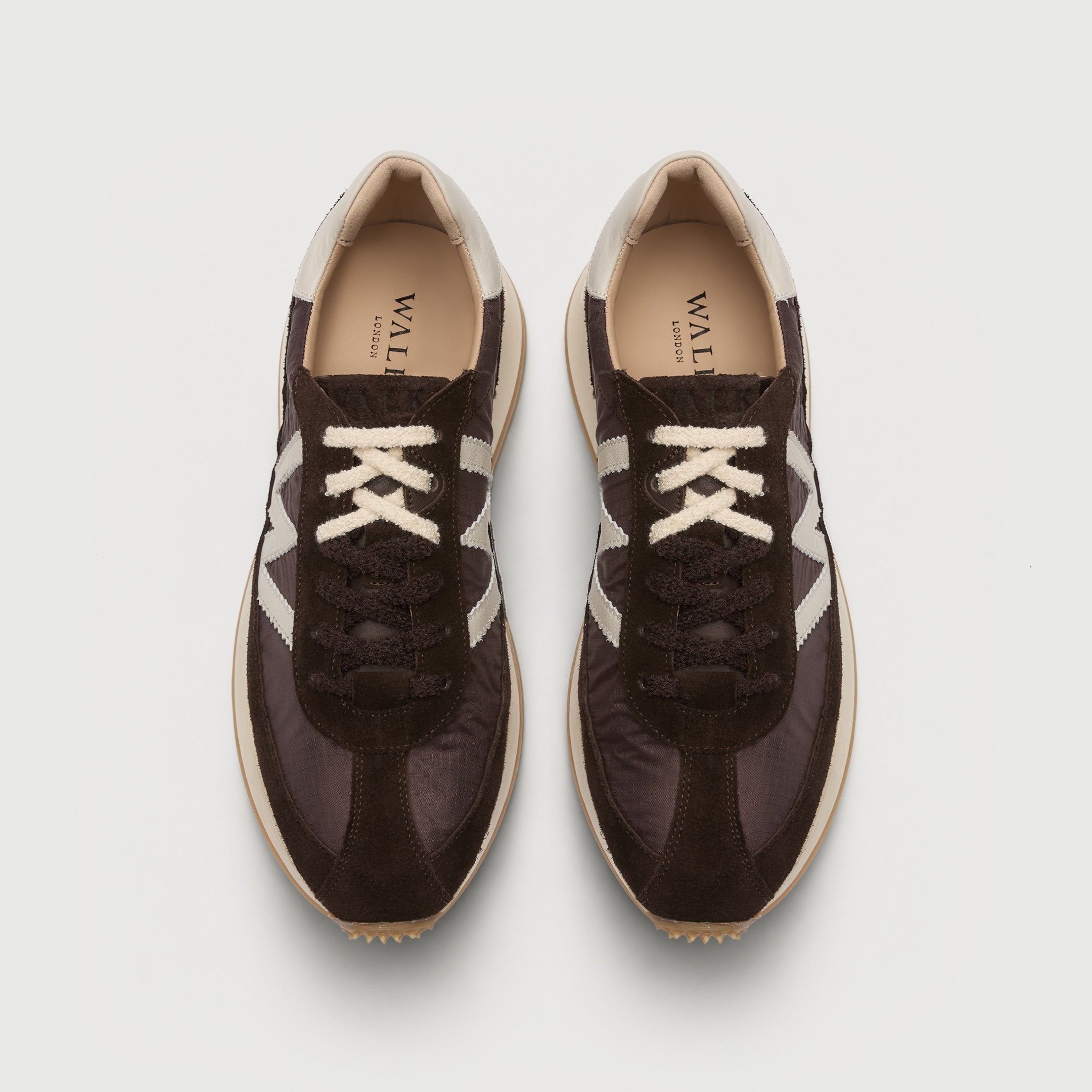 Walk London Chiswick Lace Trainer in brown textile and suede top view with two different laces in brown and white, and beige insole with branding