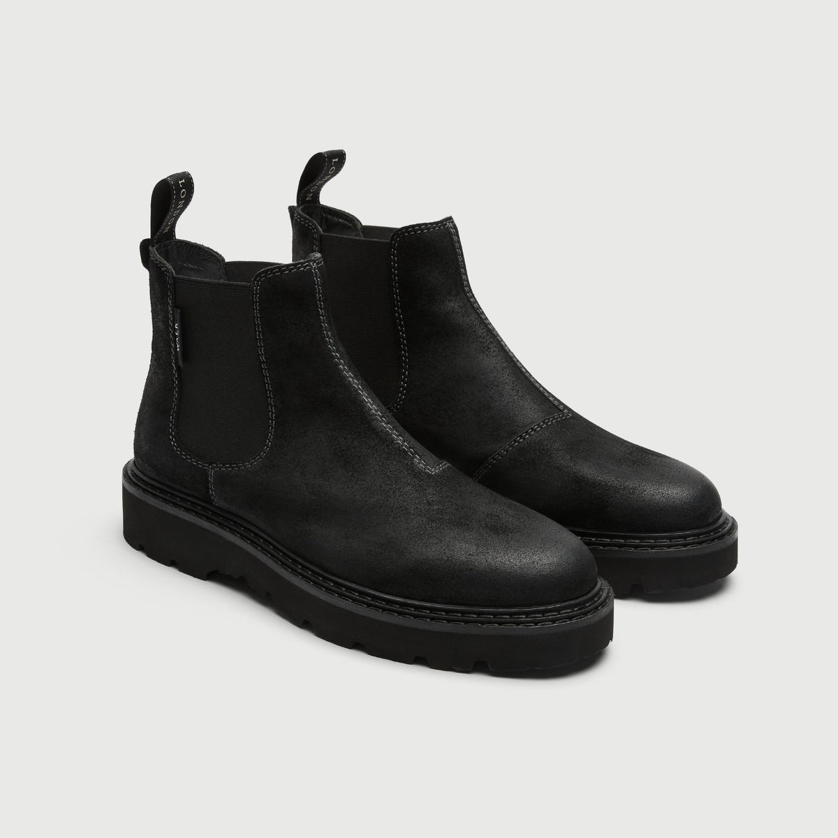 Walk London Clapham Chelsea Boots in black suede three quarter view