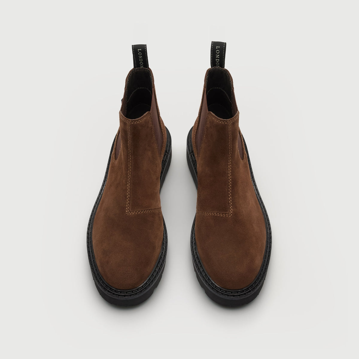 Walk London Clapham Chelsea Boot in tan suede top view showing pul tabs and stitching detail