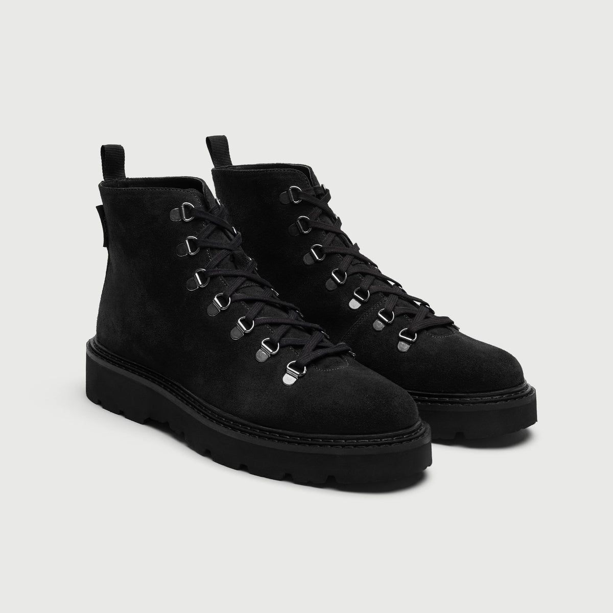 Walk London Clapham Lace Boots in black suede three quarter view showing black laces and d-rings