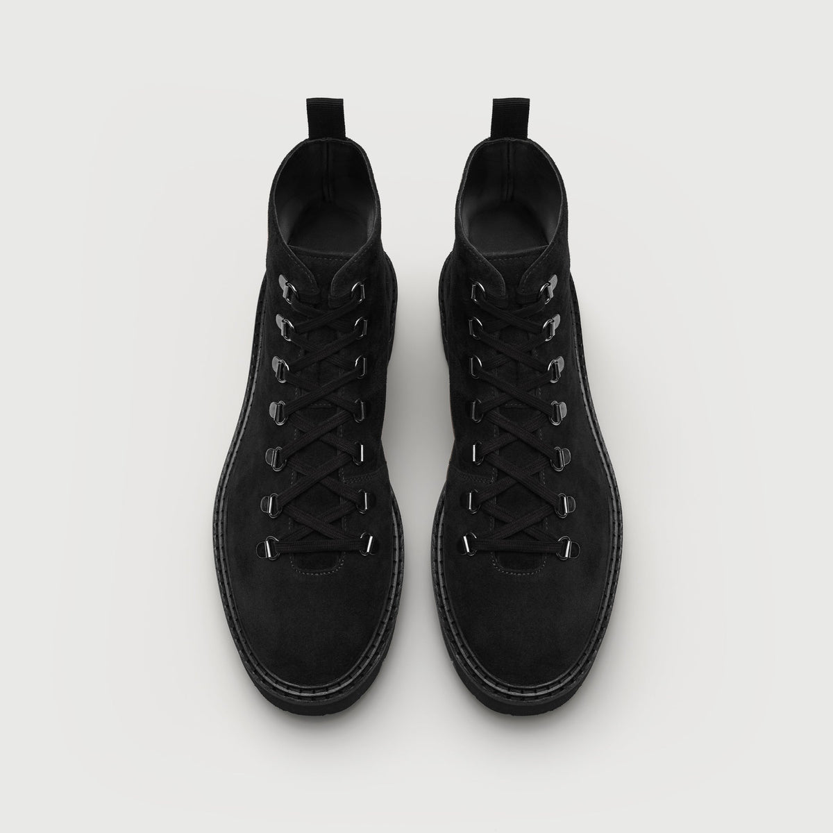 Walk London Clapham Lace Boot in black suede top view showing laces, d-rings, and pull tabs