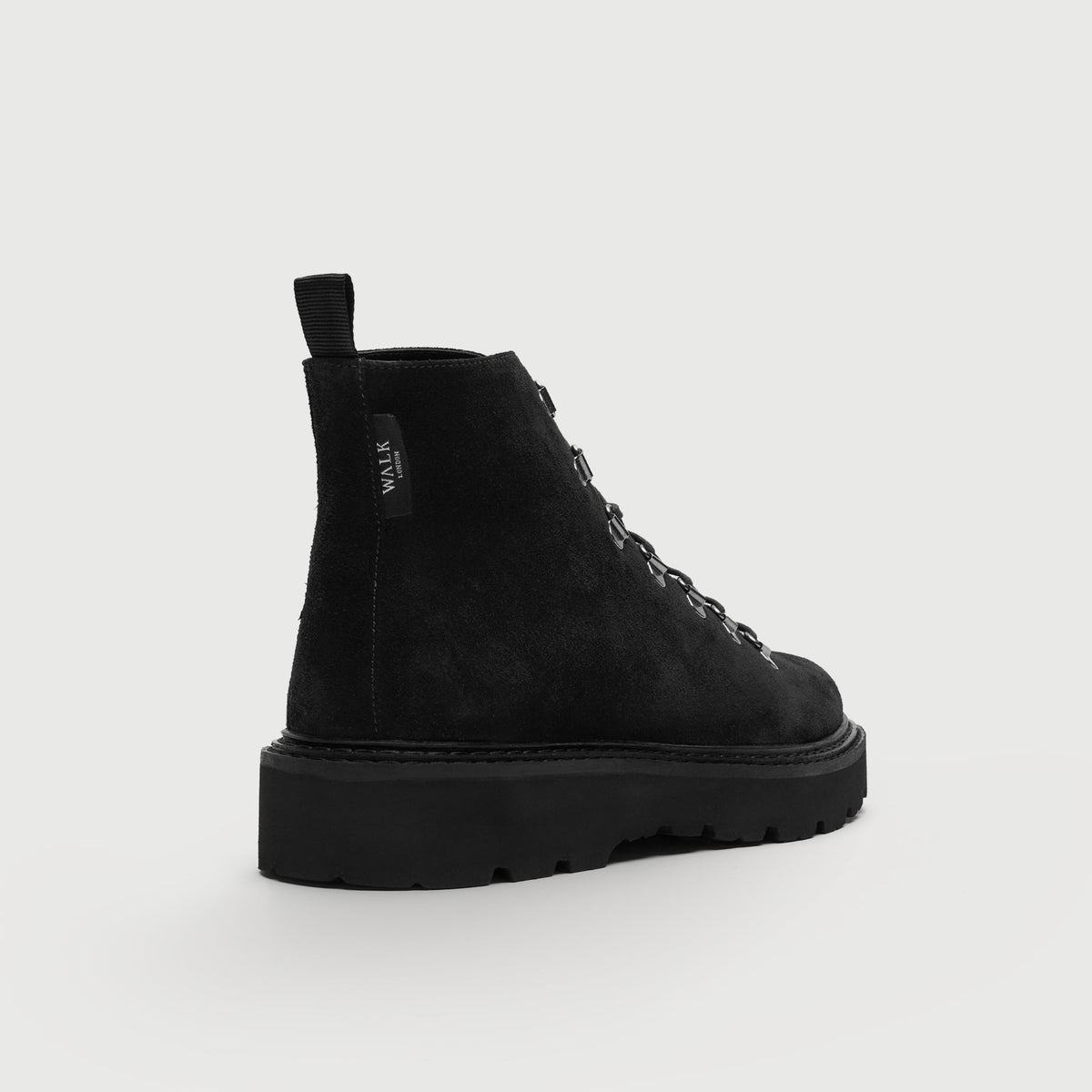 Walk London Clapham Lace Boot in black suede heel view showing branded tab and pull tab