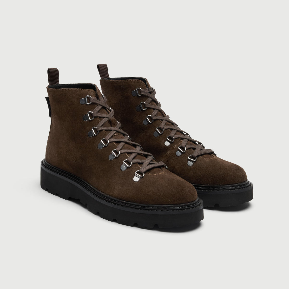 Walk London Clapham Lace Boots in brown suede three quarter view showing brown laces and silver-toned d-rings