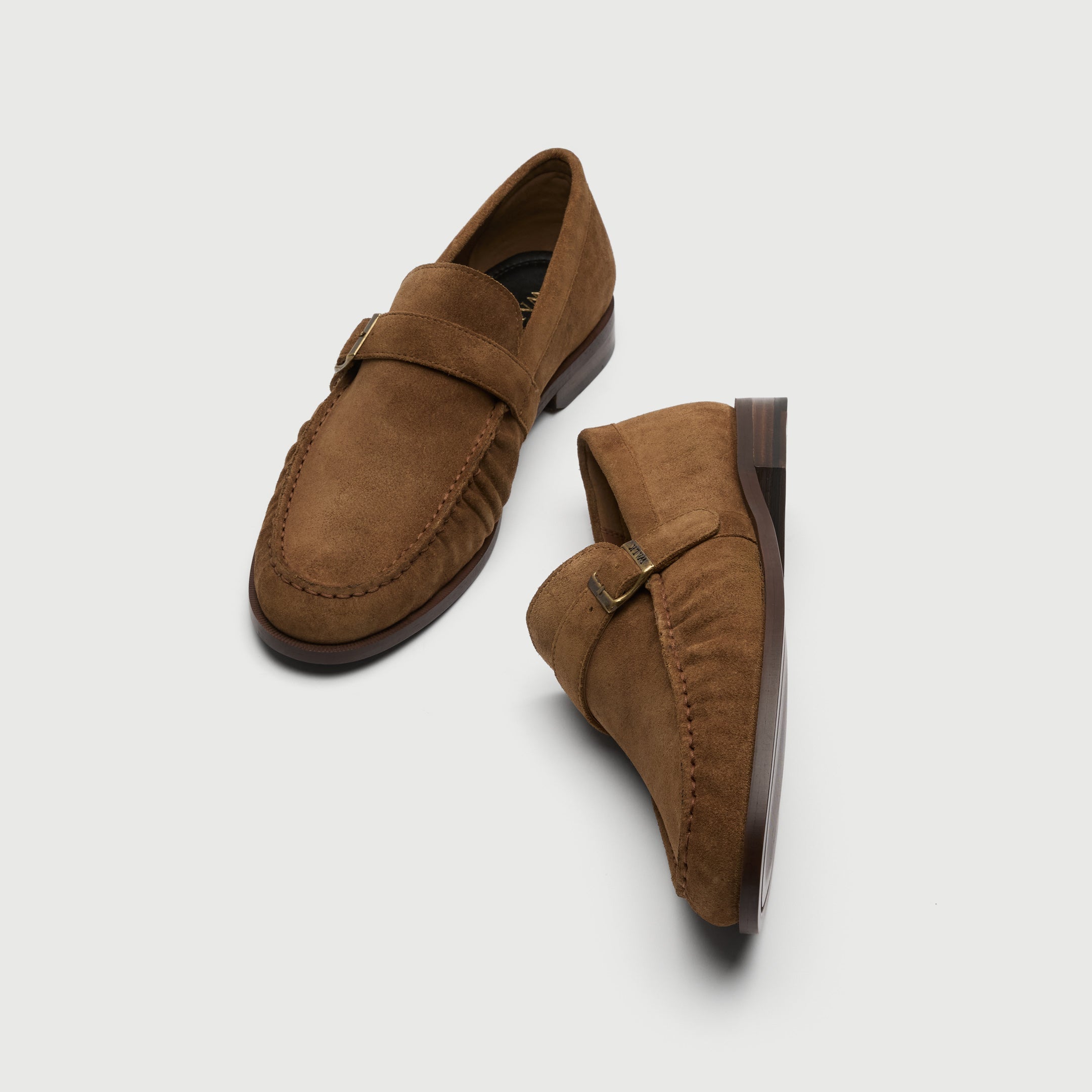 Walk London Como Buckle Tan Suede Loafer top and side view