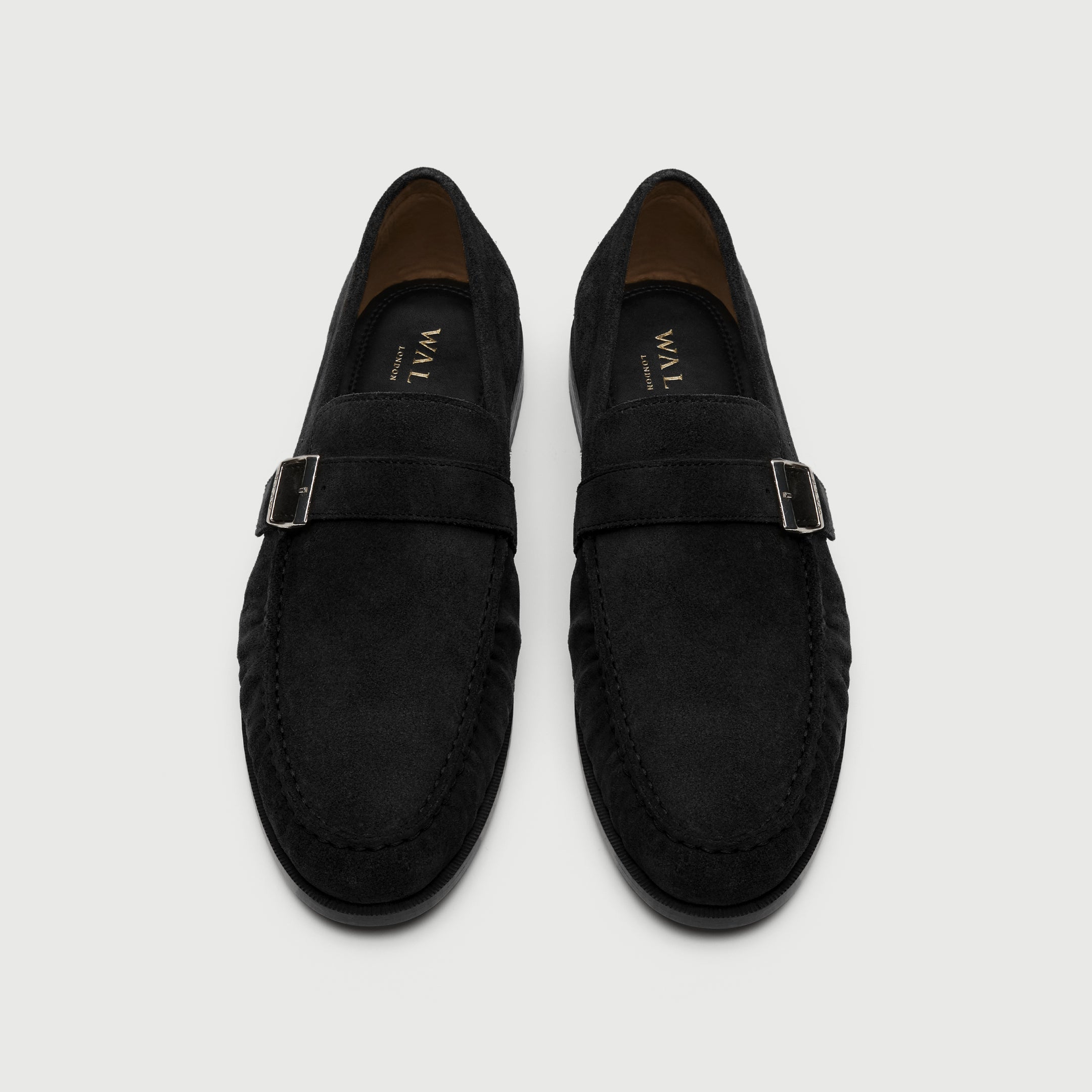 Walk London Como Black Suede Loafer with buckle top view