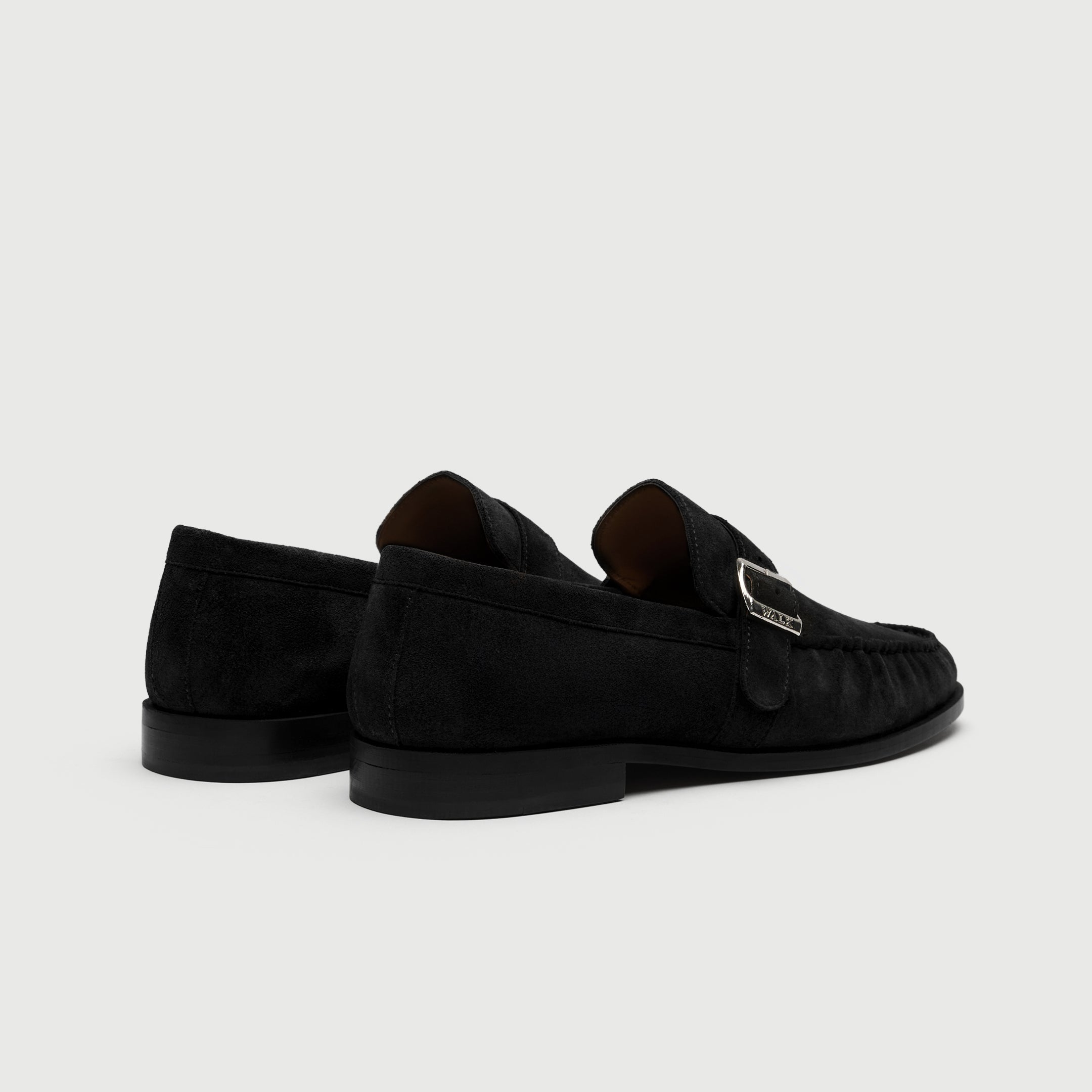 Walk London Como Black Suede Loafer with buckle heel view