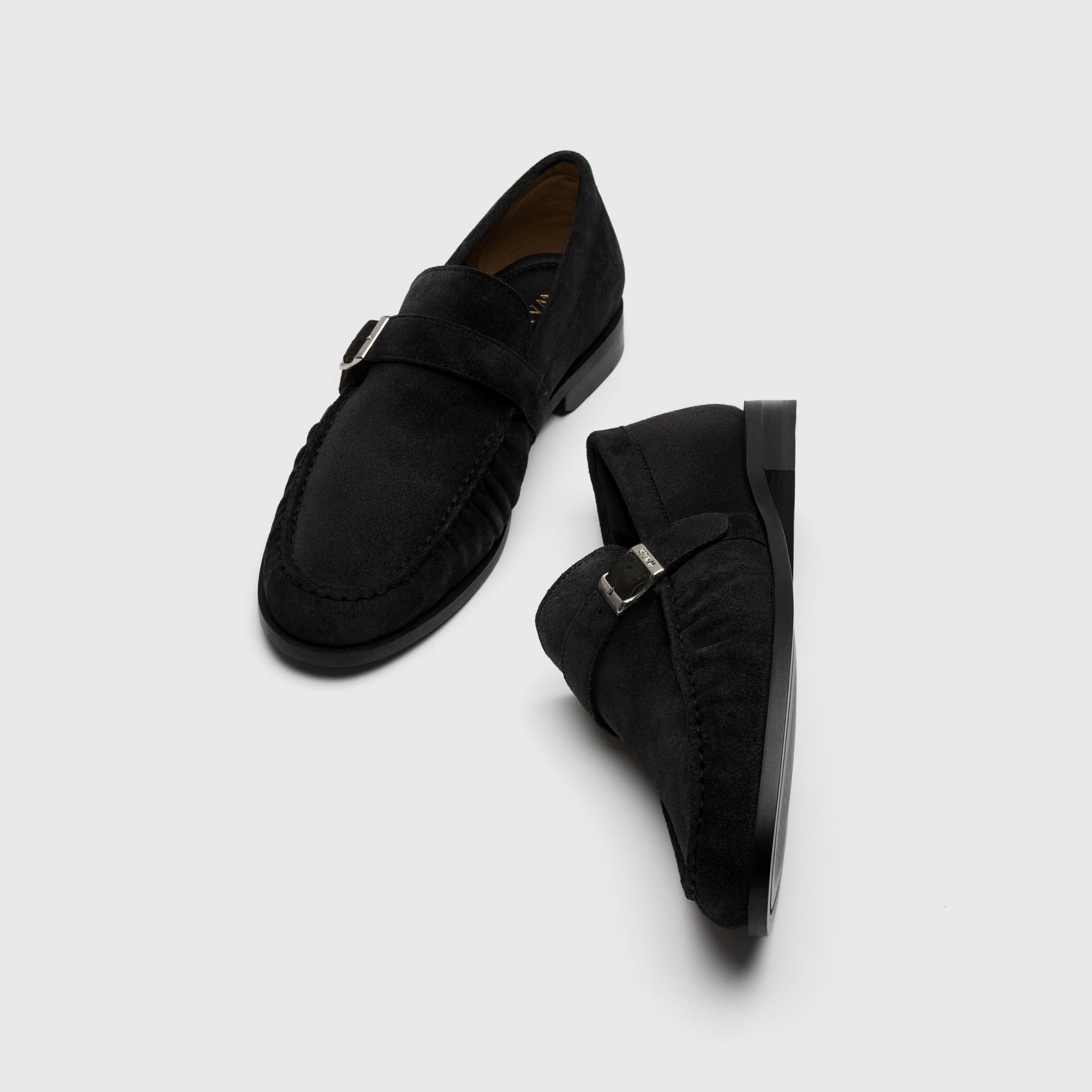 Walk London Como Black Suede Loafer with buckle side and top view