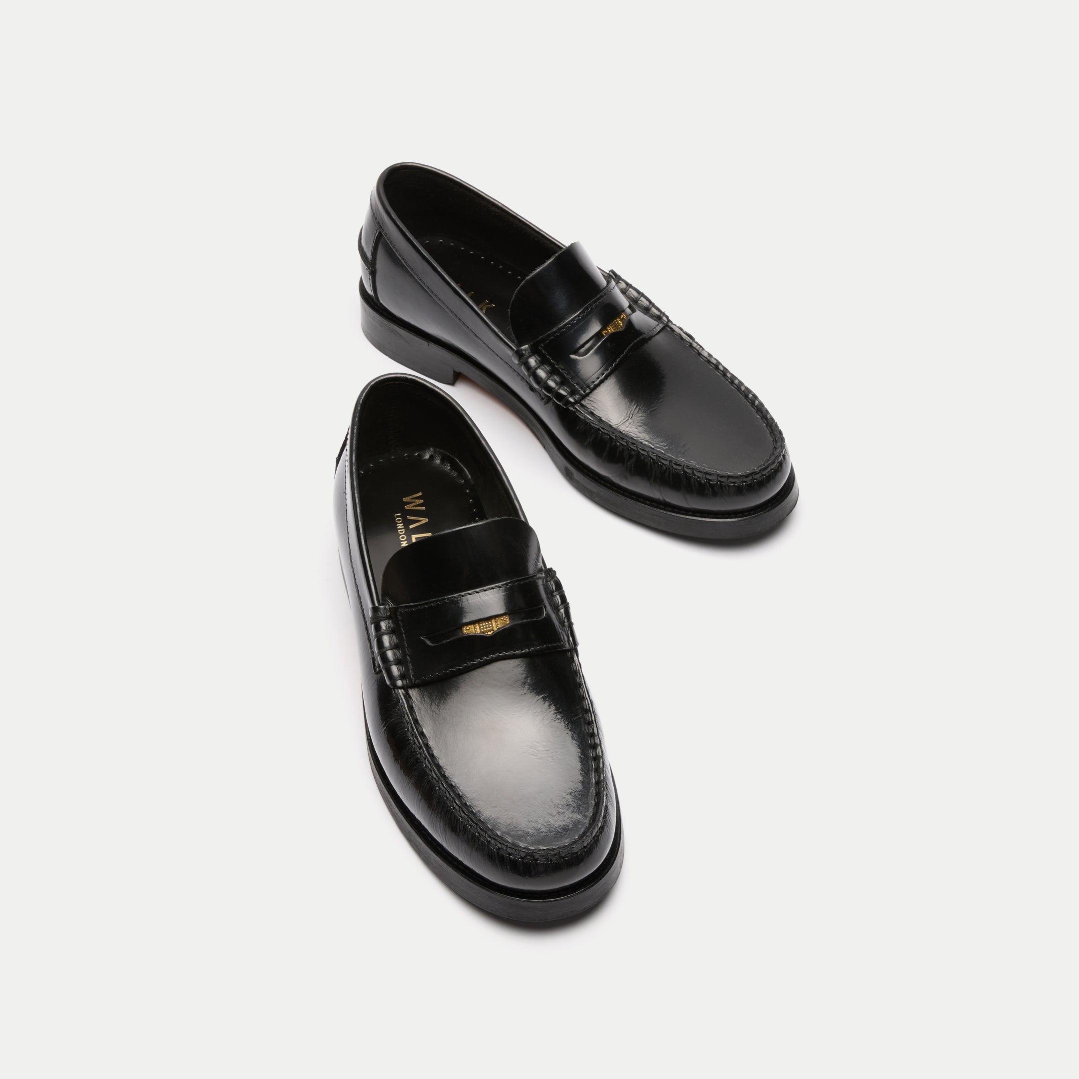 Walk London Mens Dalston Penny Loafer in High Shine Black Leather