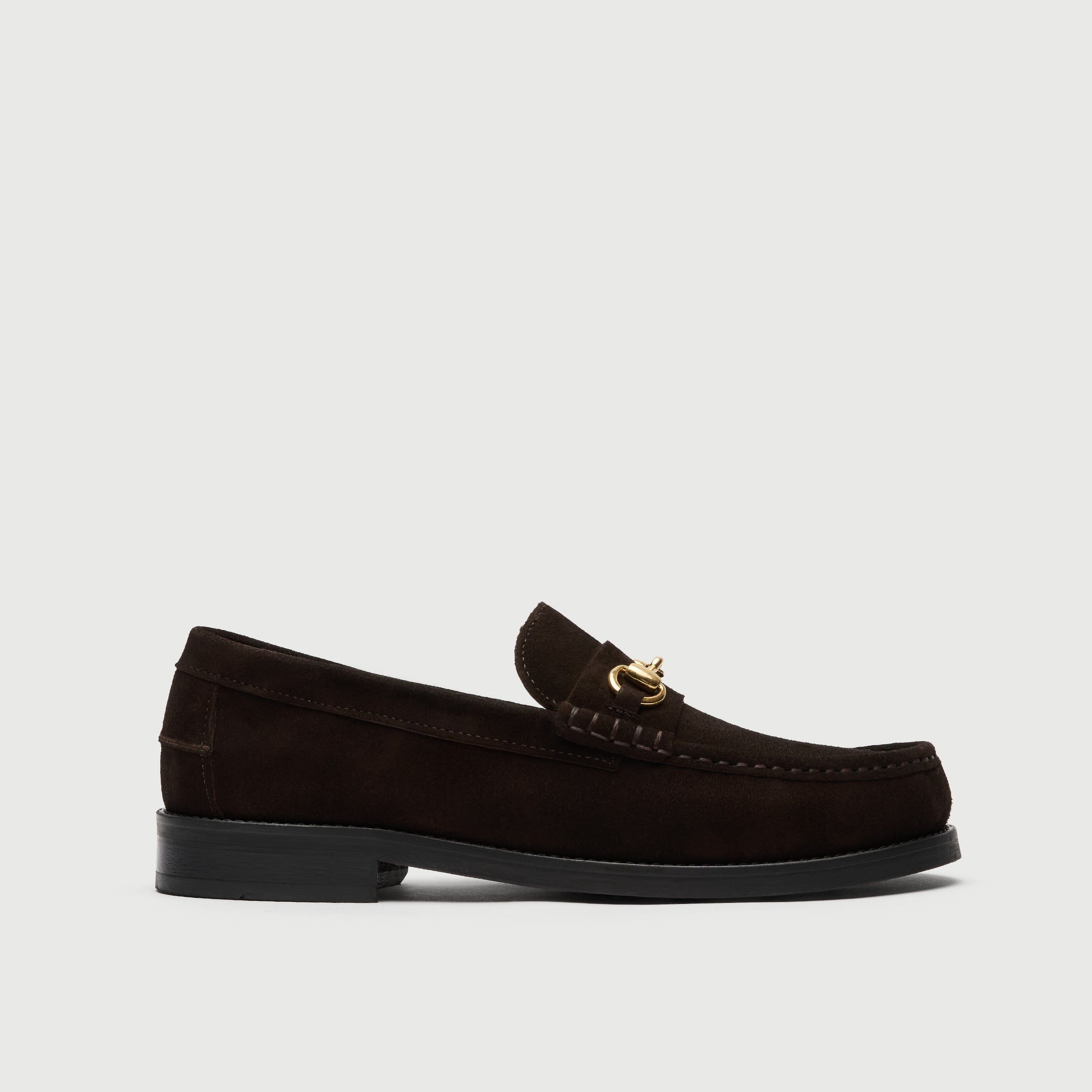Walk London Dalston Trim Loafer in brown suede with gold horsebit side view