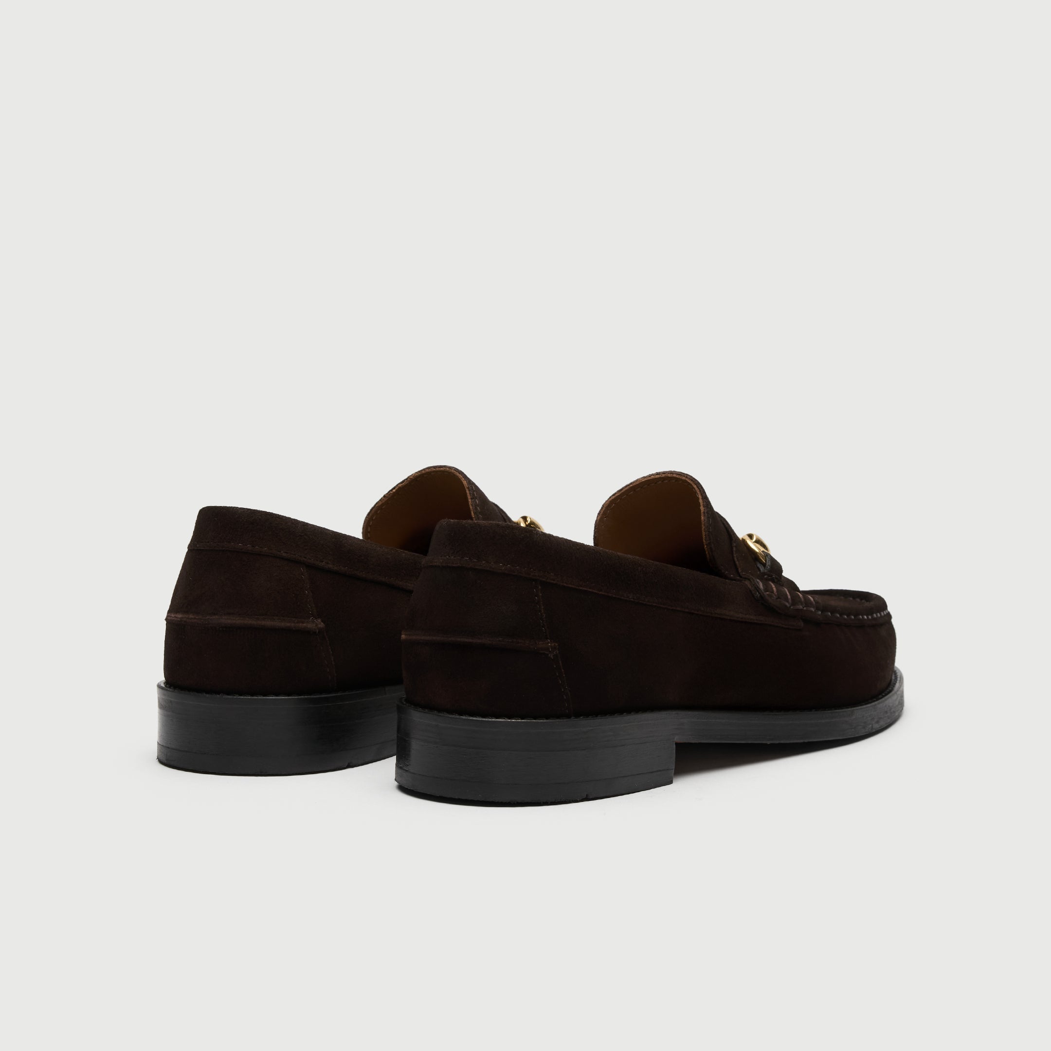 Walk London Dalston Trim Loafer in brown suede with gold horsebit heel view