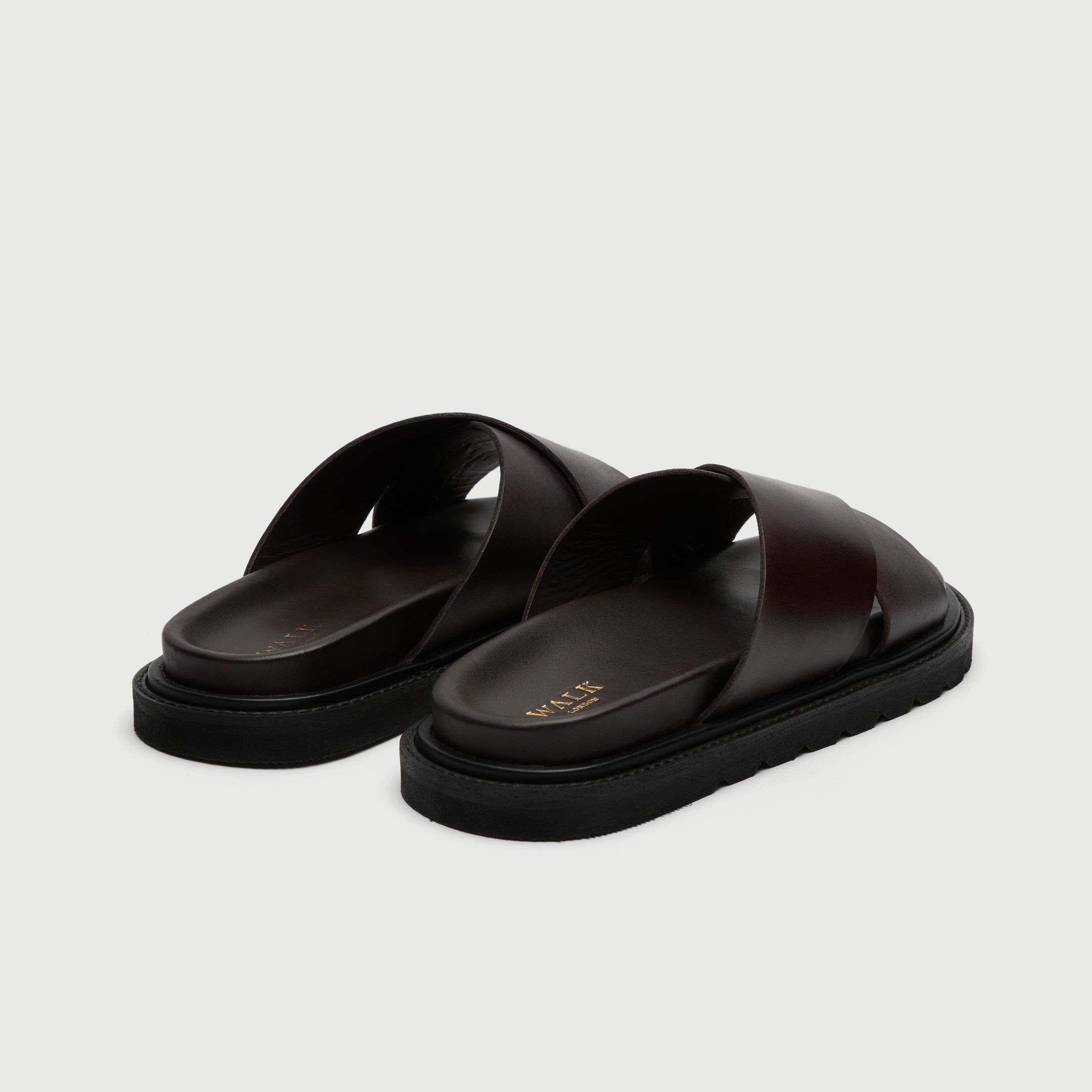 Walk London Ezra Cross Strap Brown Leather Men's Sandal heel view