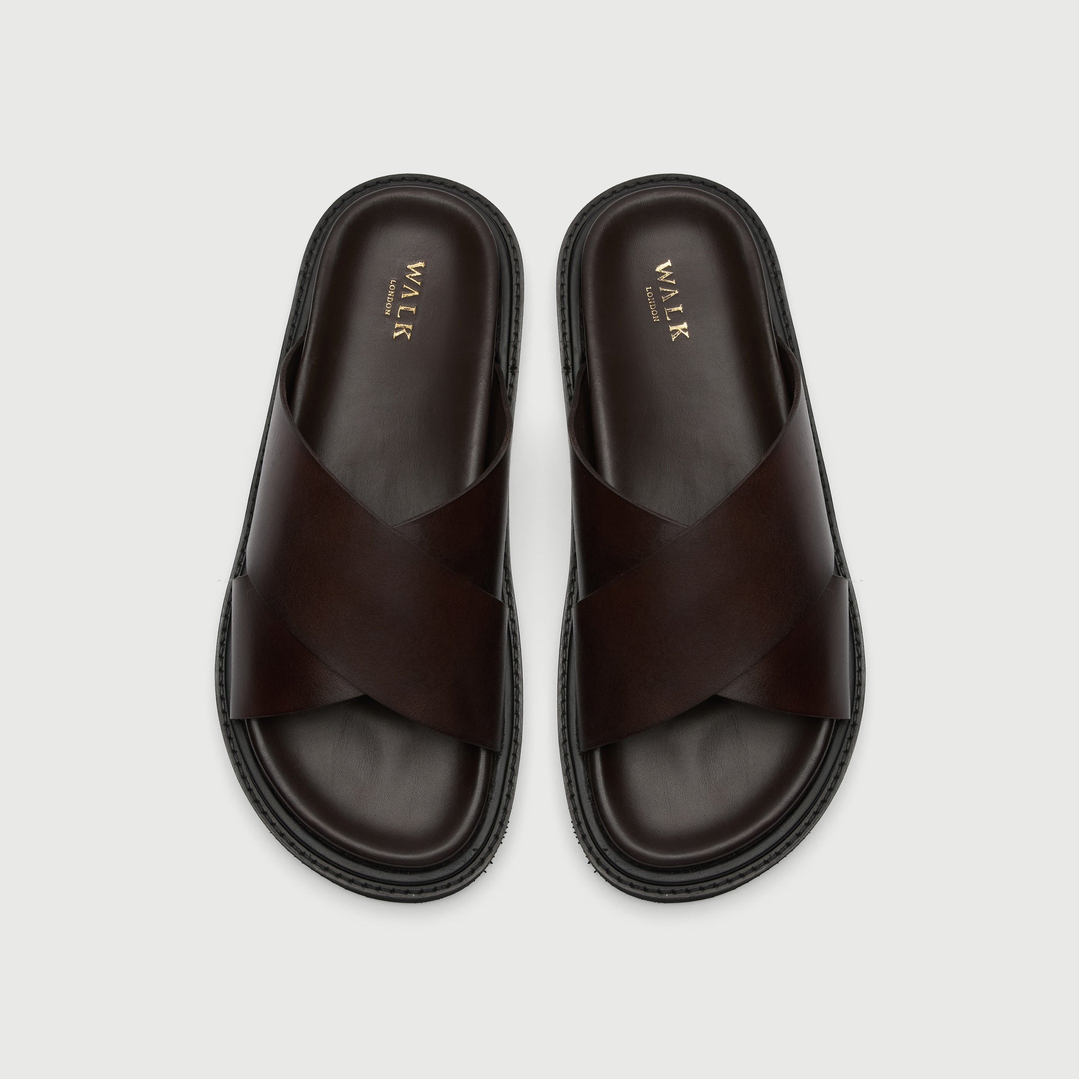 Walk London Ezra Cross Strap Brown Leather Men's Sandal top view