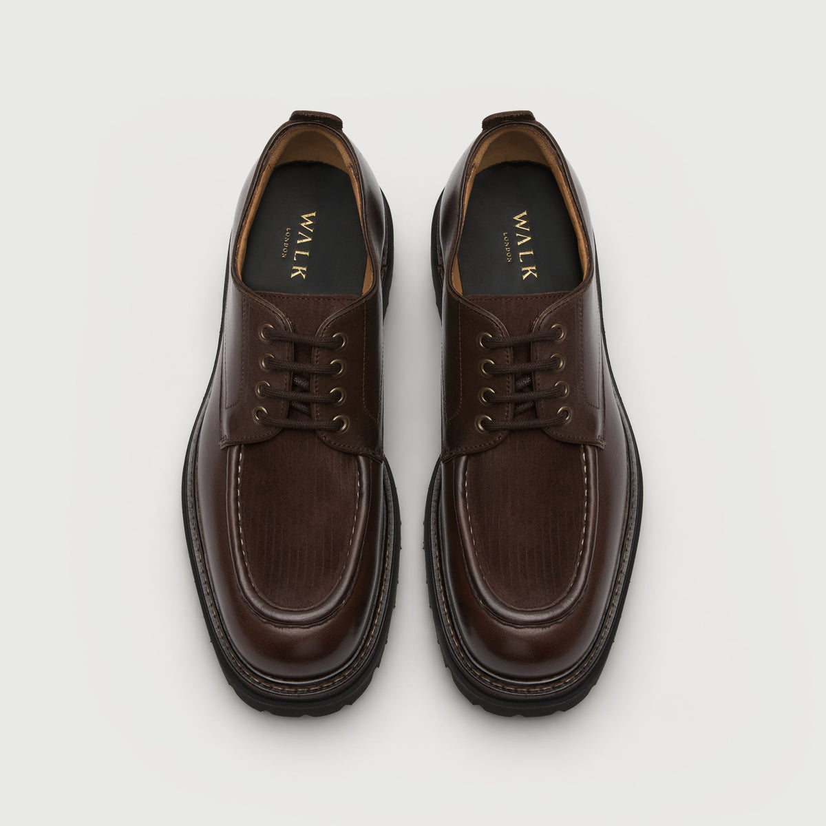 Walk London Farringdon Apron Shoe in brown leather top view showing cord vamp laces, tan lining, and black insole with gold branding