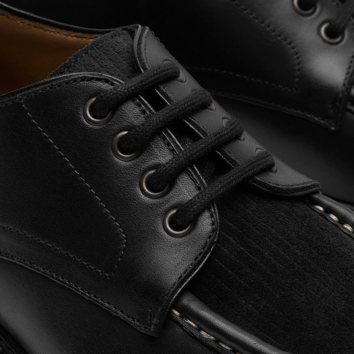 Walk London Farringdon Apron Shoe in black leather close up view of cord vamp, stitch detail and black laces.