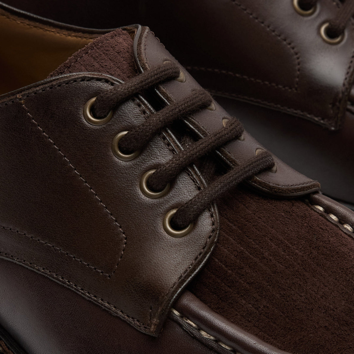 Walk London Farringdon Apron Shoe in brown leather close up view of cord vamp and brown laces