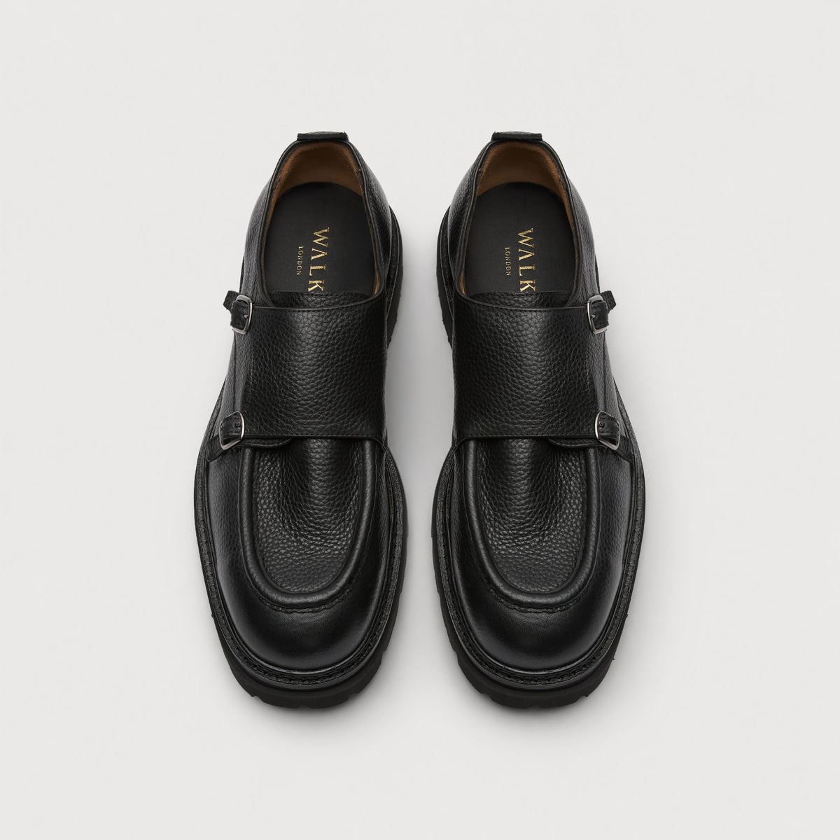 Walk London Finchley Double Monk Shoes in black grain leather top view showing wide strap, silver-tone buckles, tan lining, black insole with gold branding