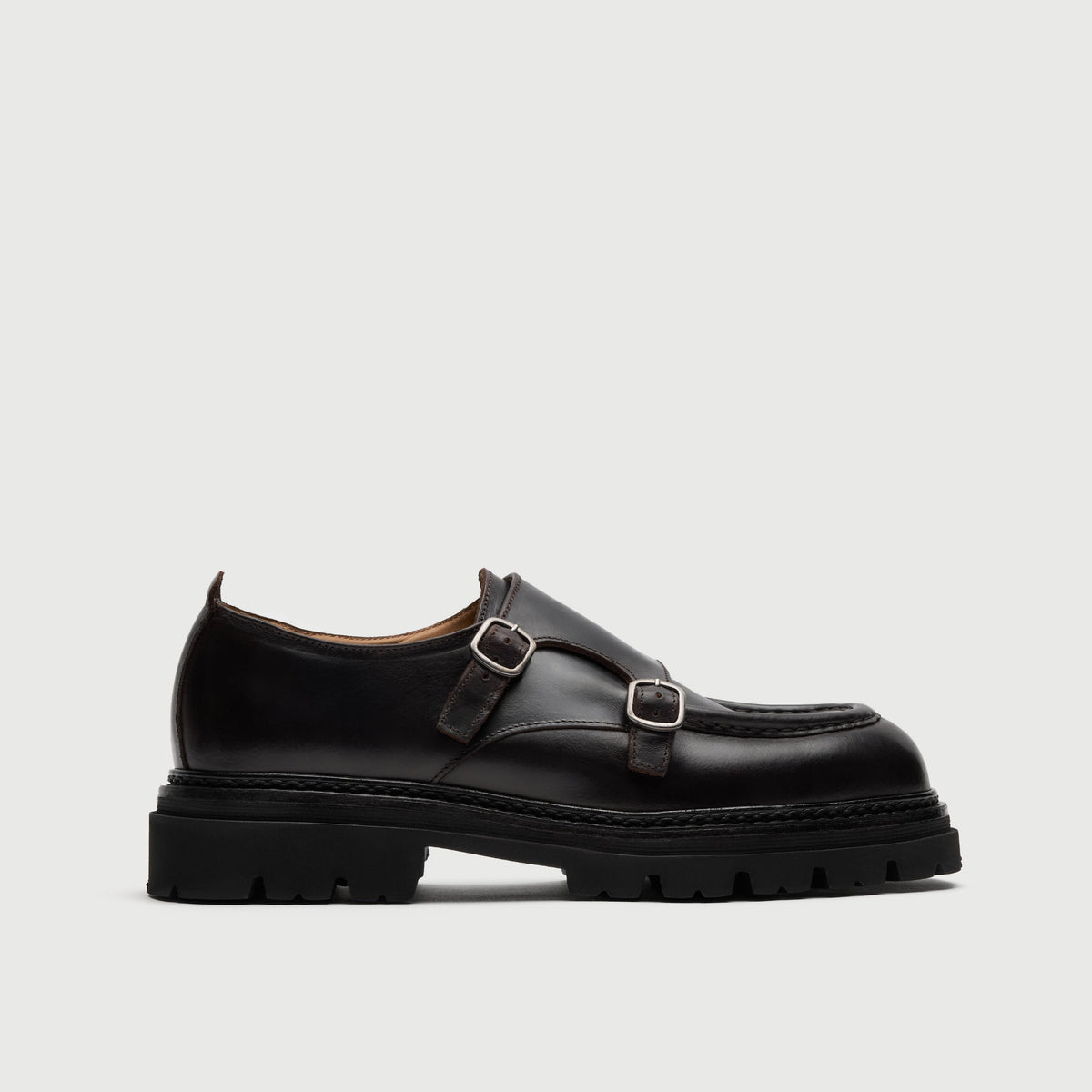 Walk London Finchley Monk Shoe in very dark brown leather side view with two silver-tone buckles