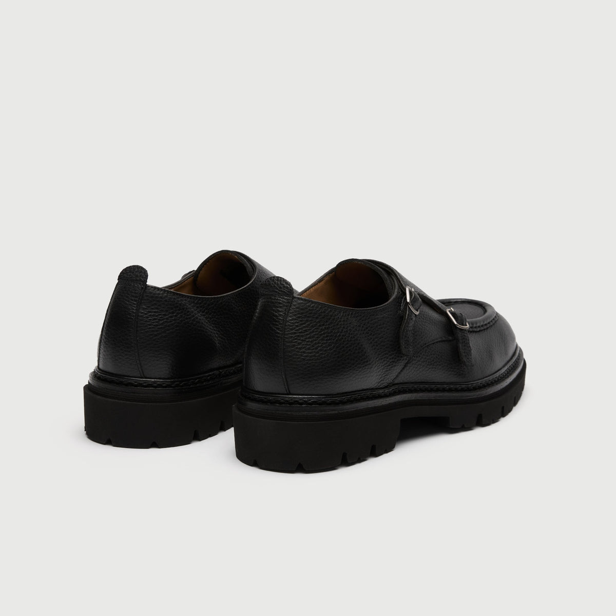 Walk London Finchley Double Monk Shoes in black grain leather heel view with pull tab