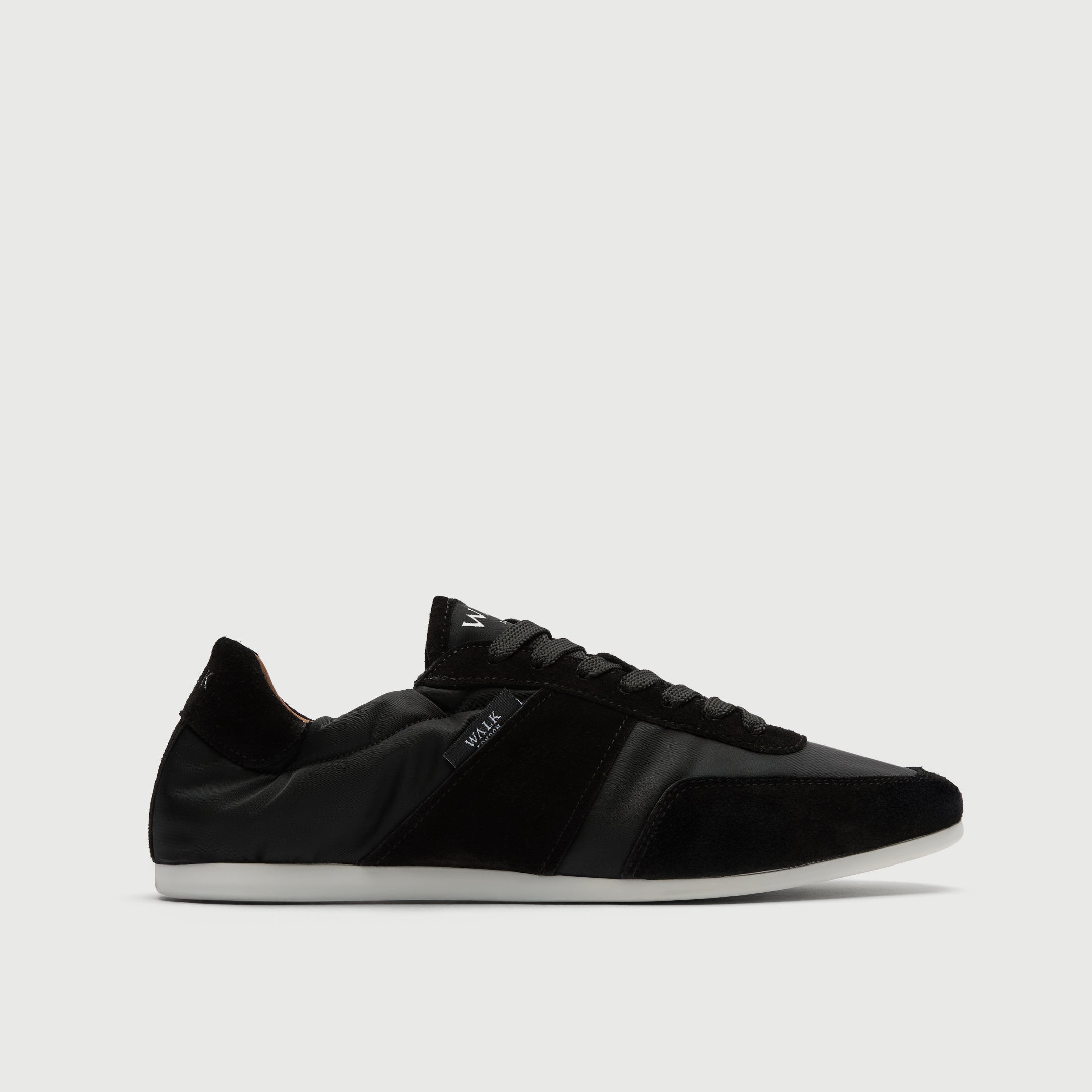 Walk London Mens Firenze Trainer in black suede and textile side view