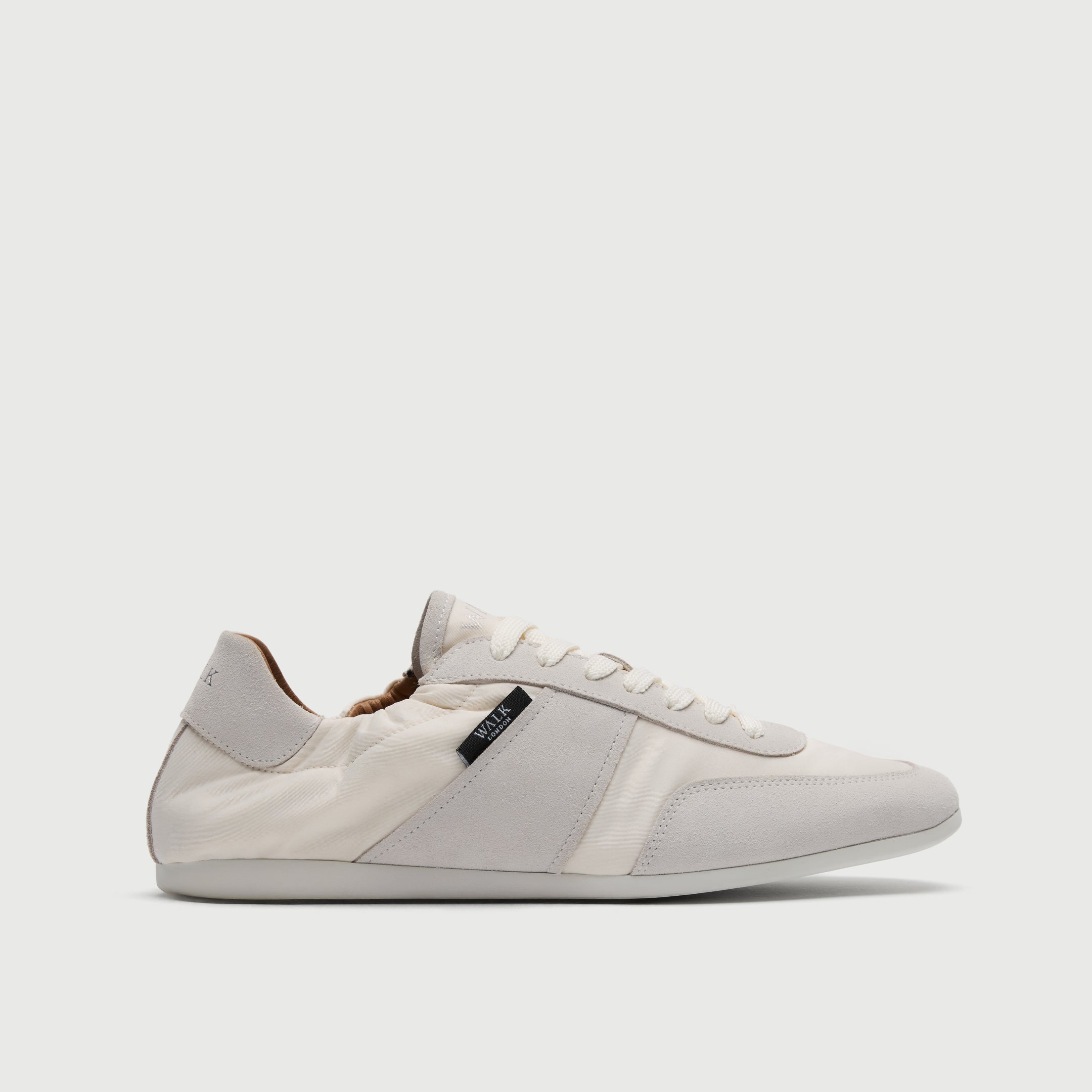 Walk London Mens Firenze Trainer in white suede and textile side view