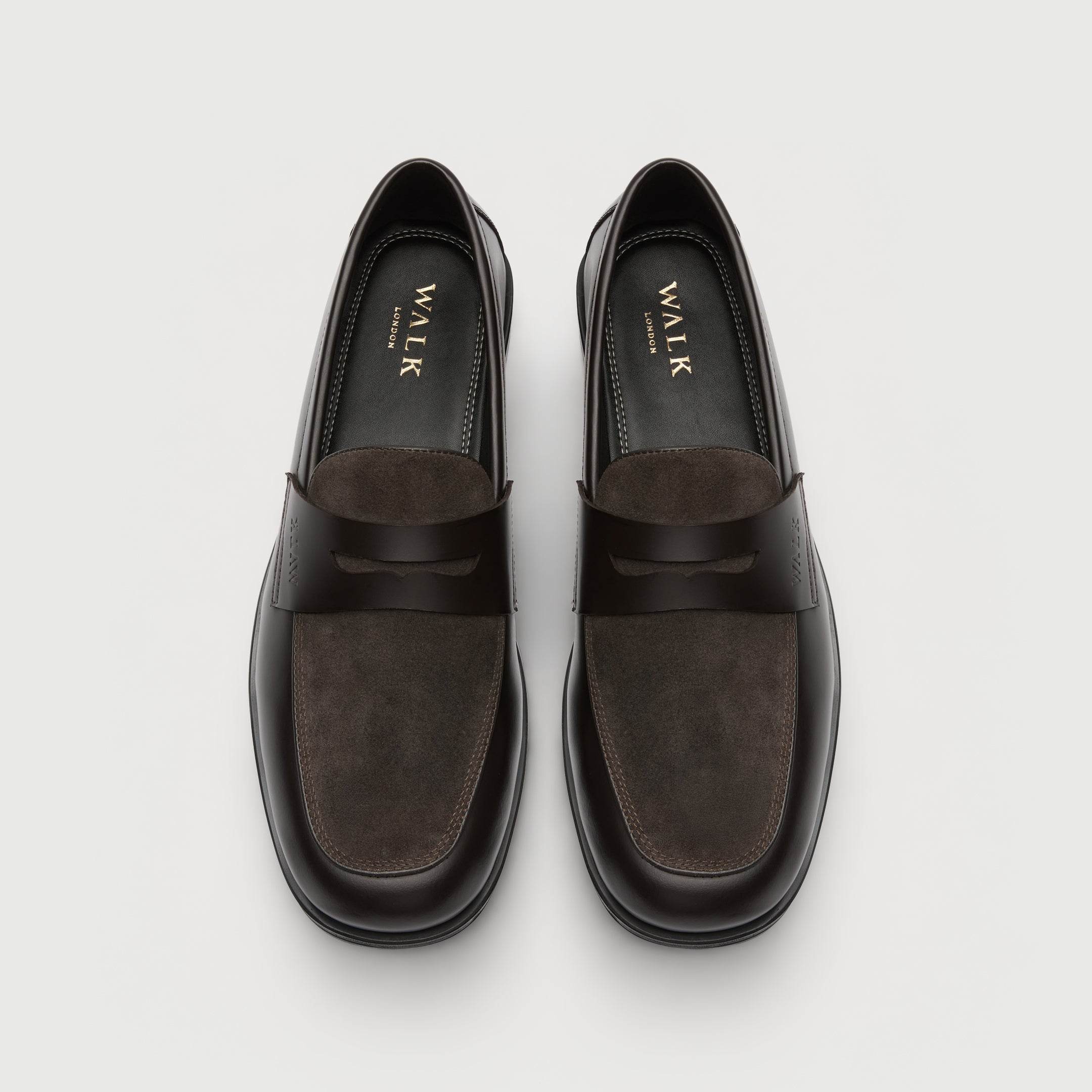 Walk London Grosvenor Saddle Loafer in Dark Brown Leather and Suede top view showing subtly squared toe shape and gold foil branding and stitch detail on black insole