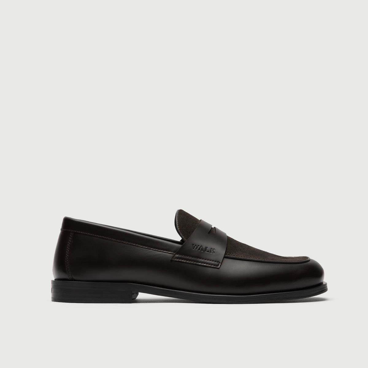 Walk London Grosvenor Saddle Loafer in Dark Brown Leather and Suede side view showing suede vamp and debossed branding on the side of the saddle strap