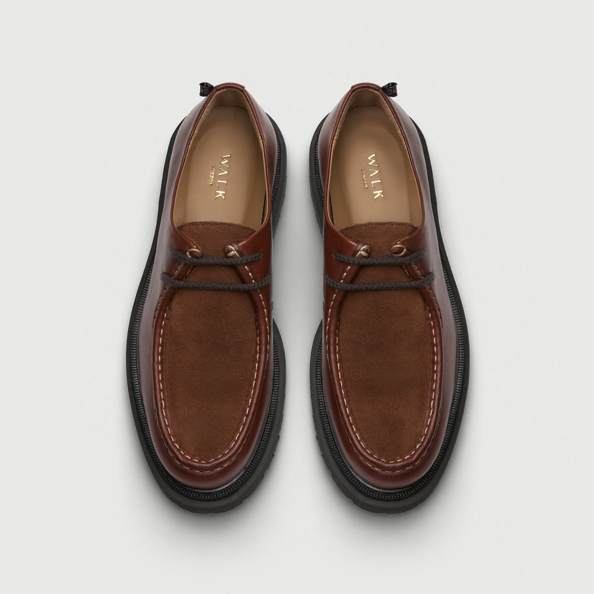 Walk London Hackney Apron Shoe in tan oily leather with suede vamp top view showing contrast stitch detail, laces, and beige insole with gold branding