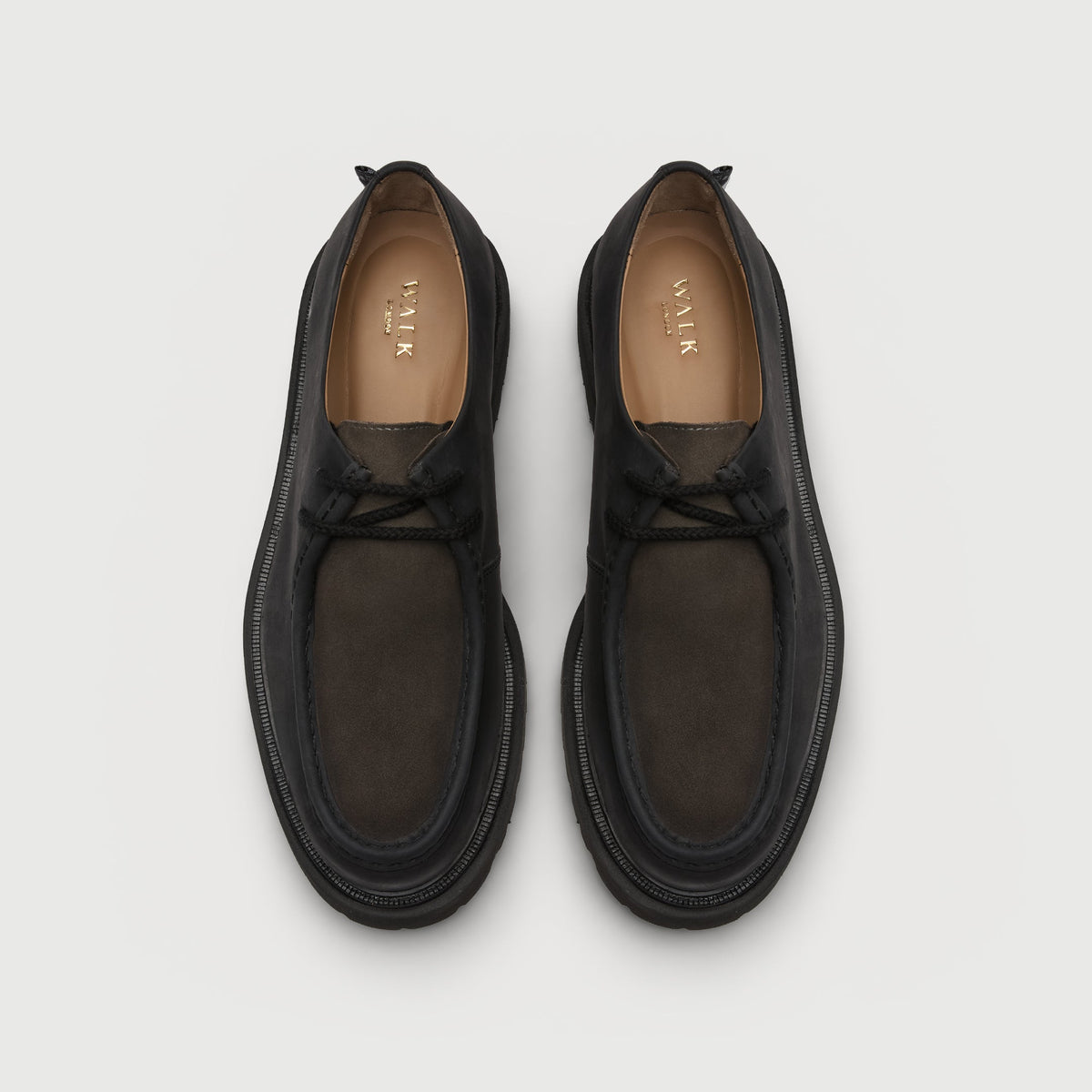 Walk London Hackney Apron Shoes in dark grey leather with mushroom grey suede vamp top view showing laces, tan lining and insole with gold branding