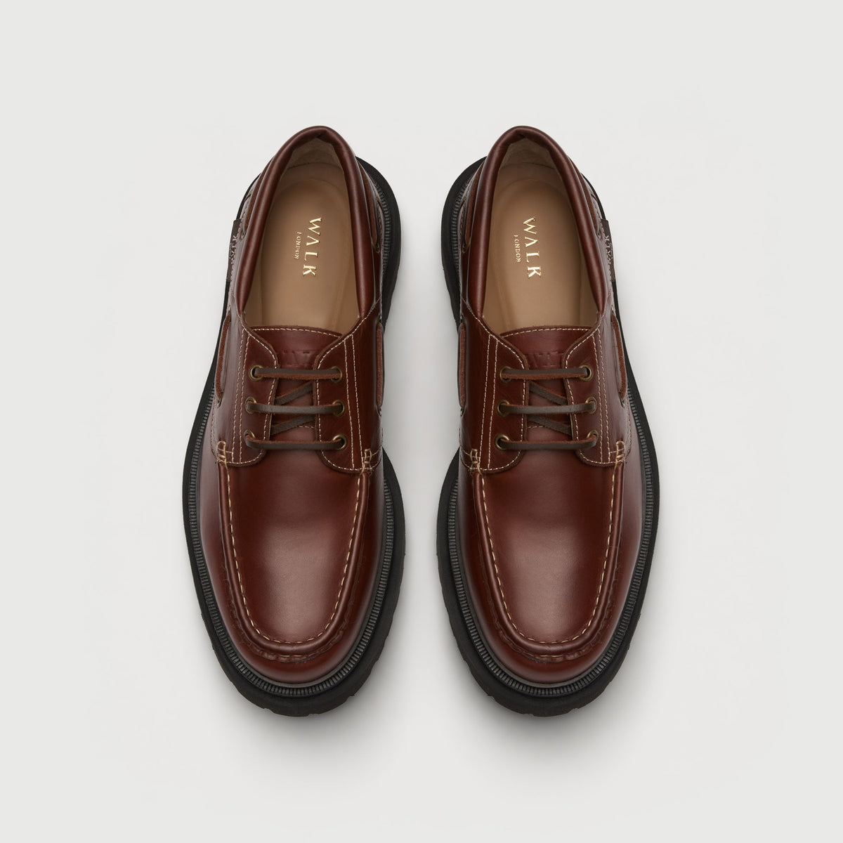 Walk London Hackney Boat Shoes in tan leather with contrast stitch top view showing tan insole and gold branding