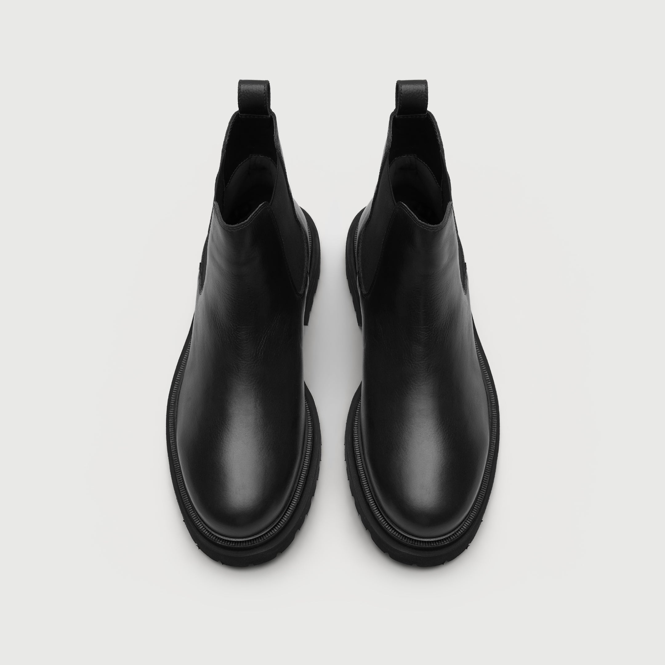 Walk London Hackney Chelsea Boot in Black Leather top view showing pull tabs