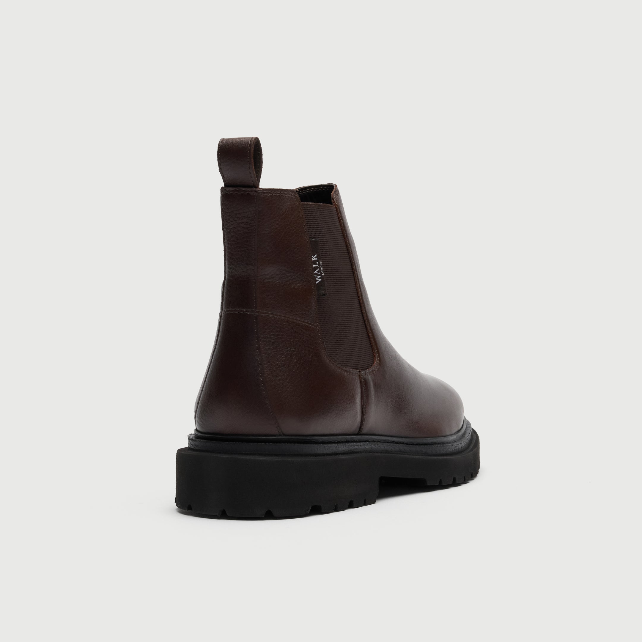 Walk London Hackney Chelsea Boot in Brown Leather heel view showing pull tab and branded label