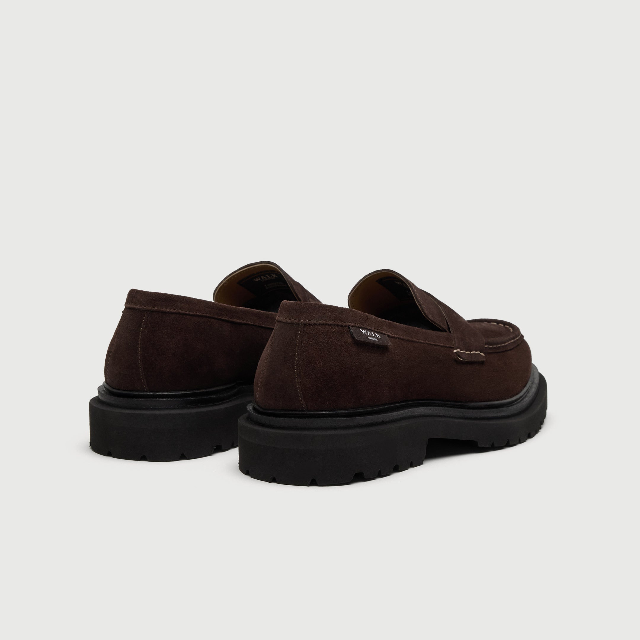 Walk London Hackney Brown Suede Saddle Loafer heel view showing branded label