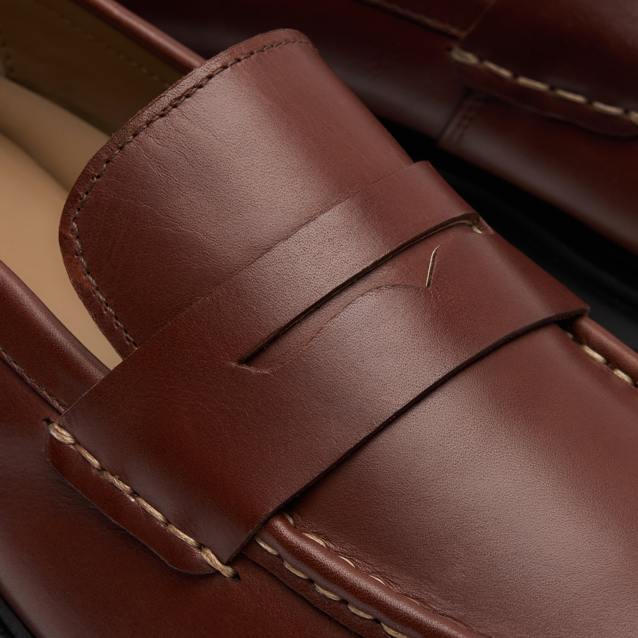Walk London Hackney Saddle Loafer in Tan Leather close up showing tonal stitching and cut out from saddle