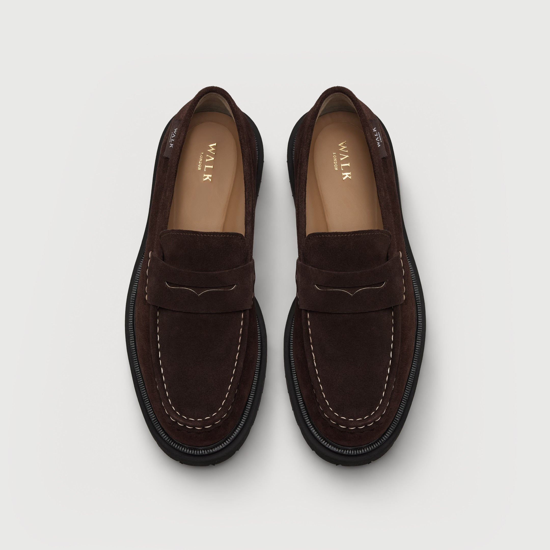 Walk London Hackney Brown Suede Saddle Loafer top view showing contrast stitching on the apron toe and the light tan insole with gold-toned foil branding