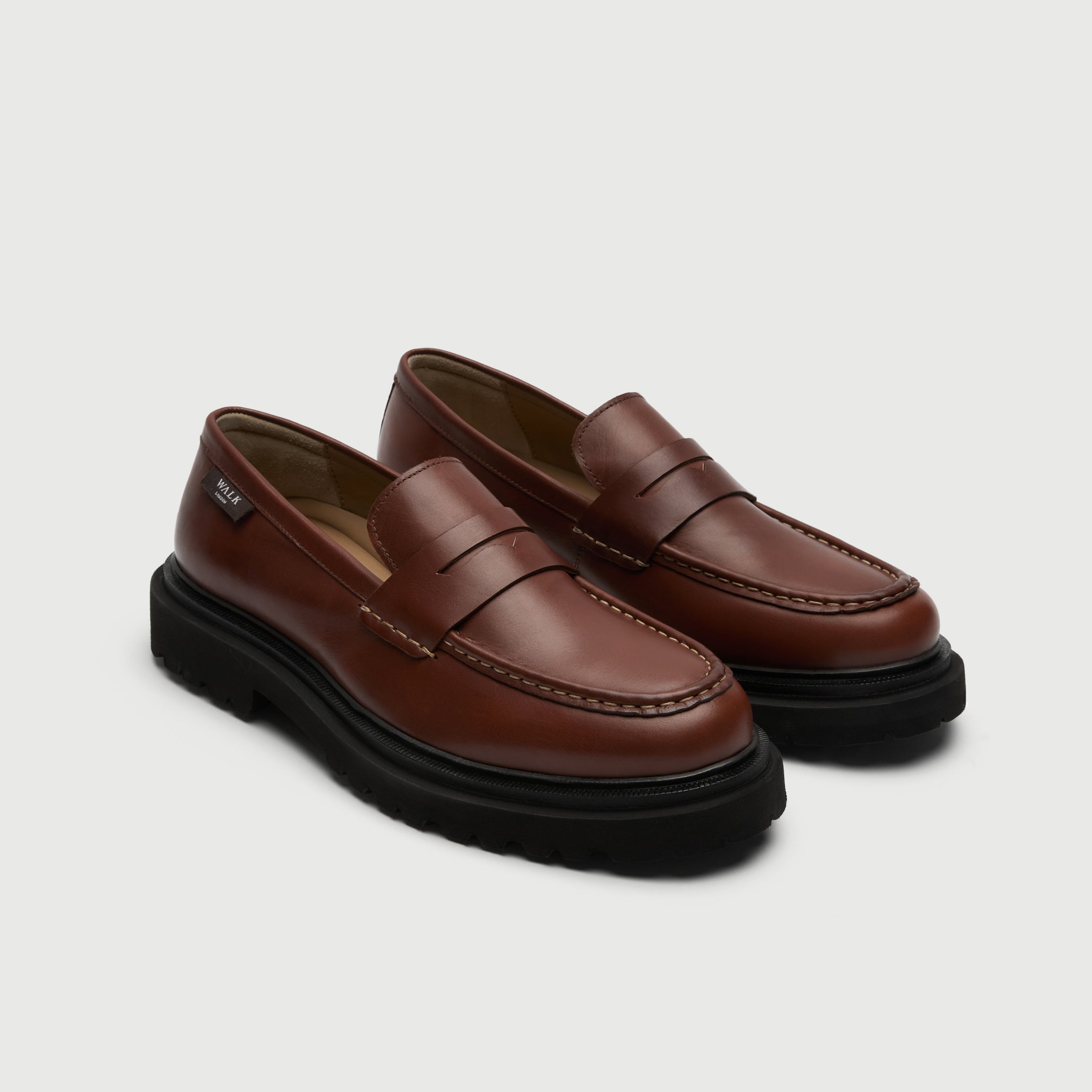 Walk London Hackney Saddle Loafer in Tan Leather three quarter view showing tonal stitching
