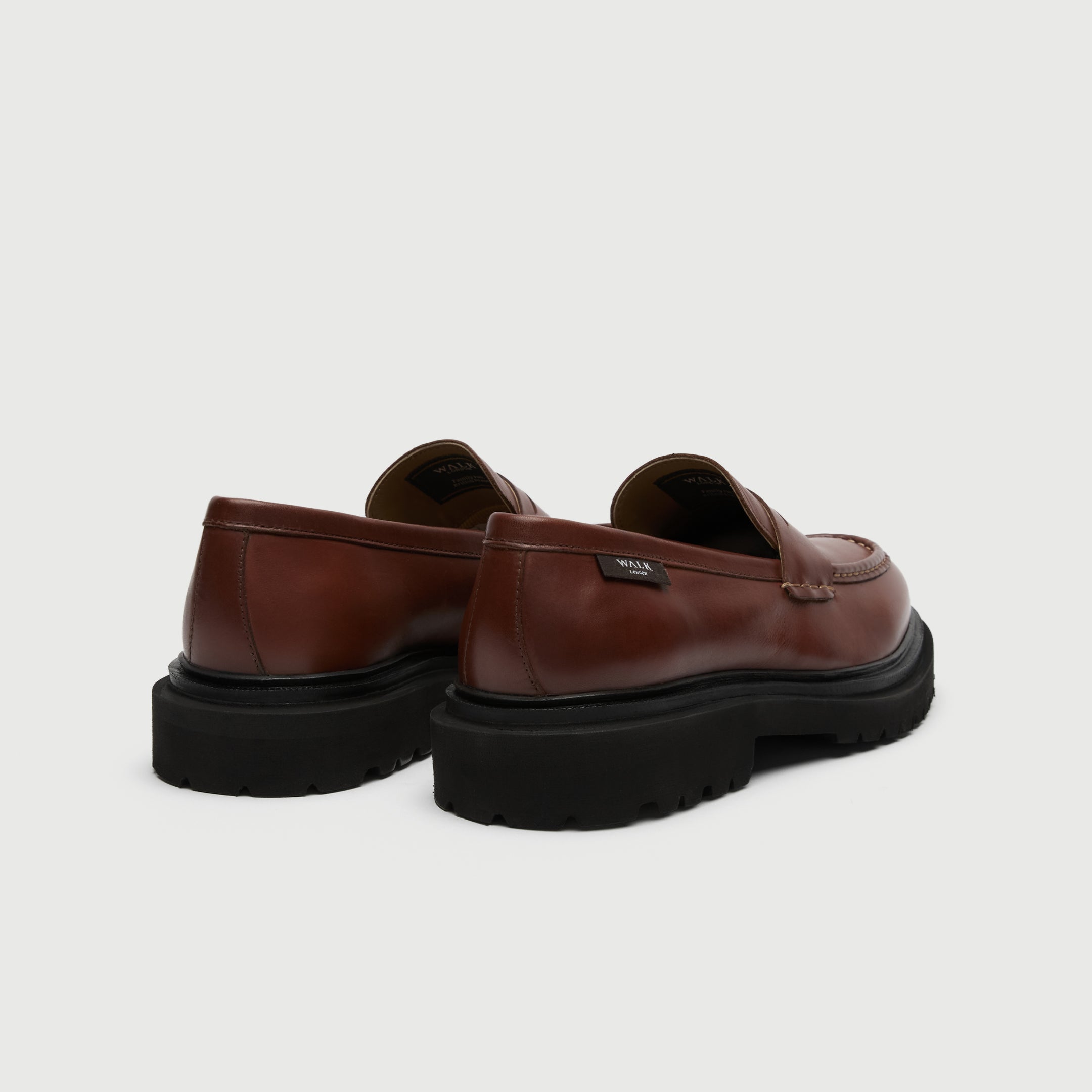 Walk London Hackney Saddle Loafers in Tan Leather heel view with branded label