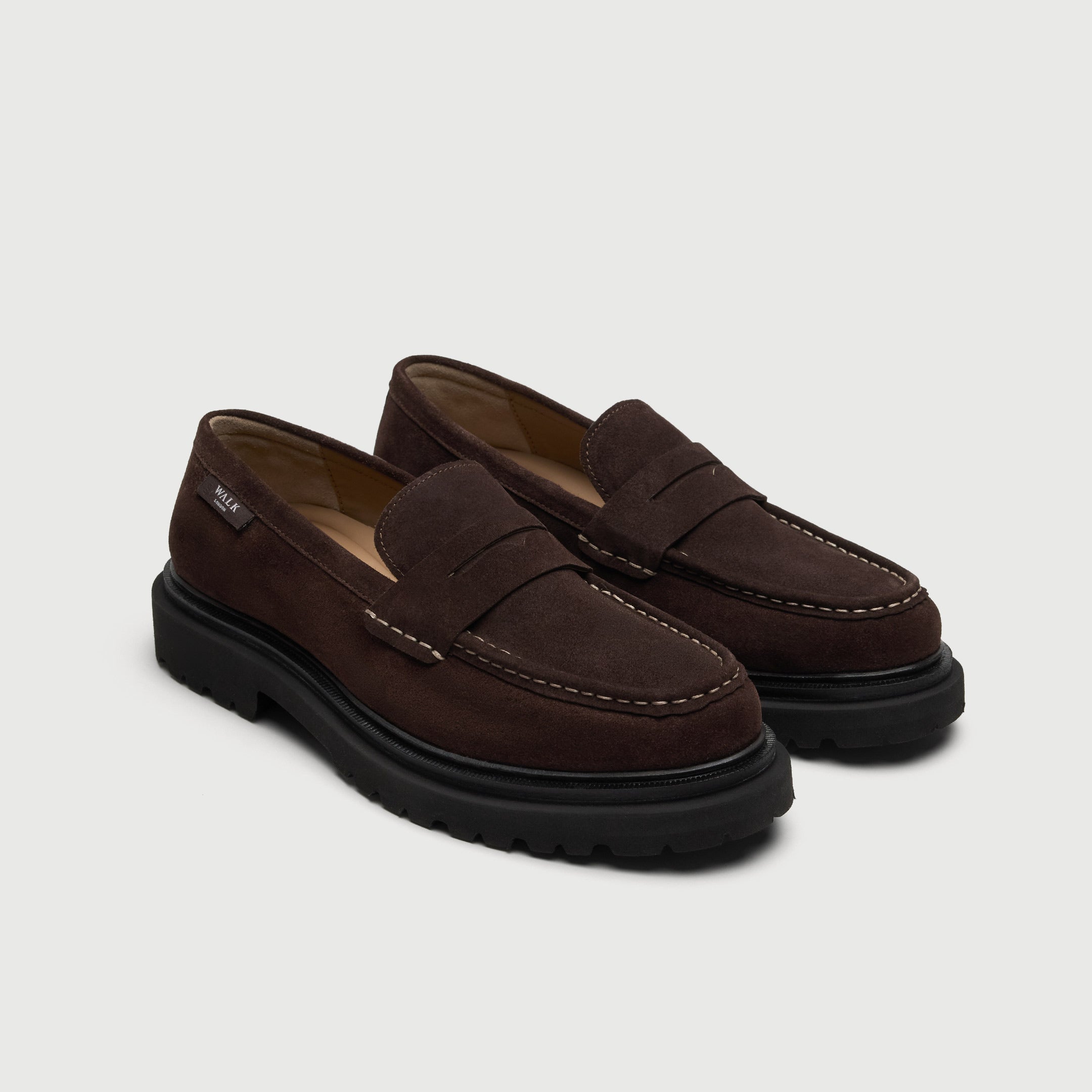 Walk London Hackney Brown Suede Saddle Loafer with contrast stitching three quarter view showing branded label 